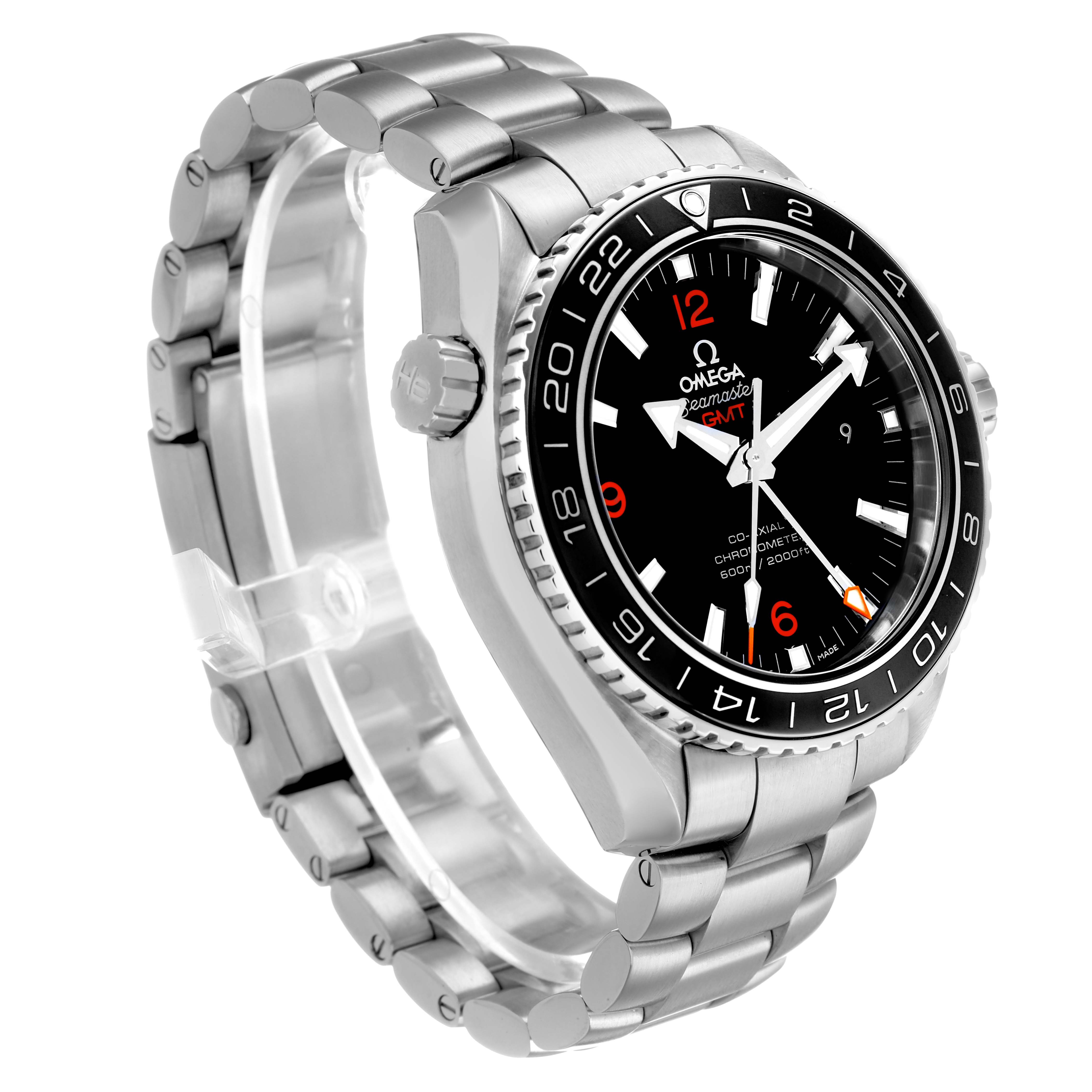 The Omega Planet Ocean 232.30.44.22.01.002 Men's Stainless Steel Black Dial watch is angled to show the front dial, bezel, case, and part of the bracelet.