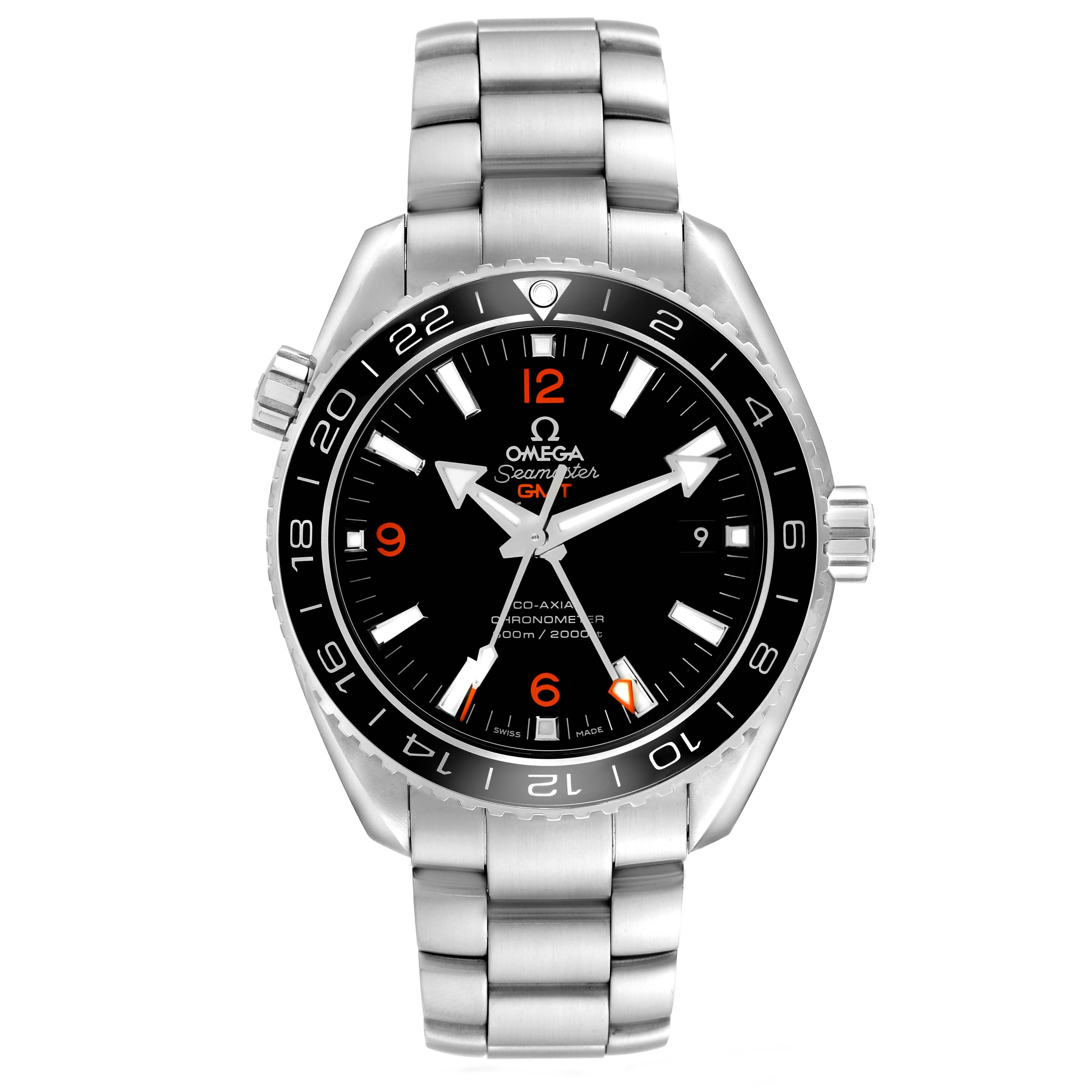 The Omega Planet Ocean 232.30.44.22.01.002 Men's Stainless Steel Black Dial watch is shown from the front, featuring its dial, bezel, and stainless steel bracelet.