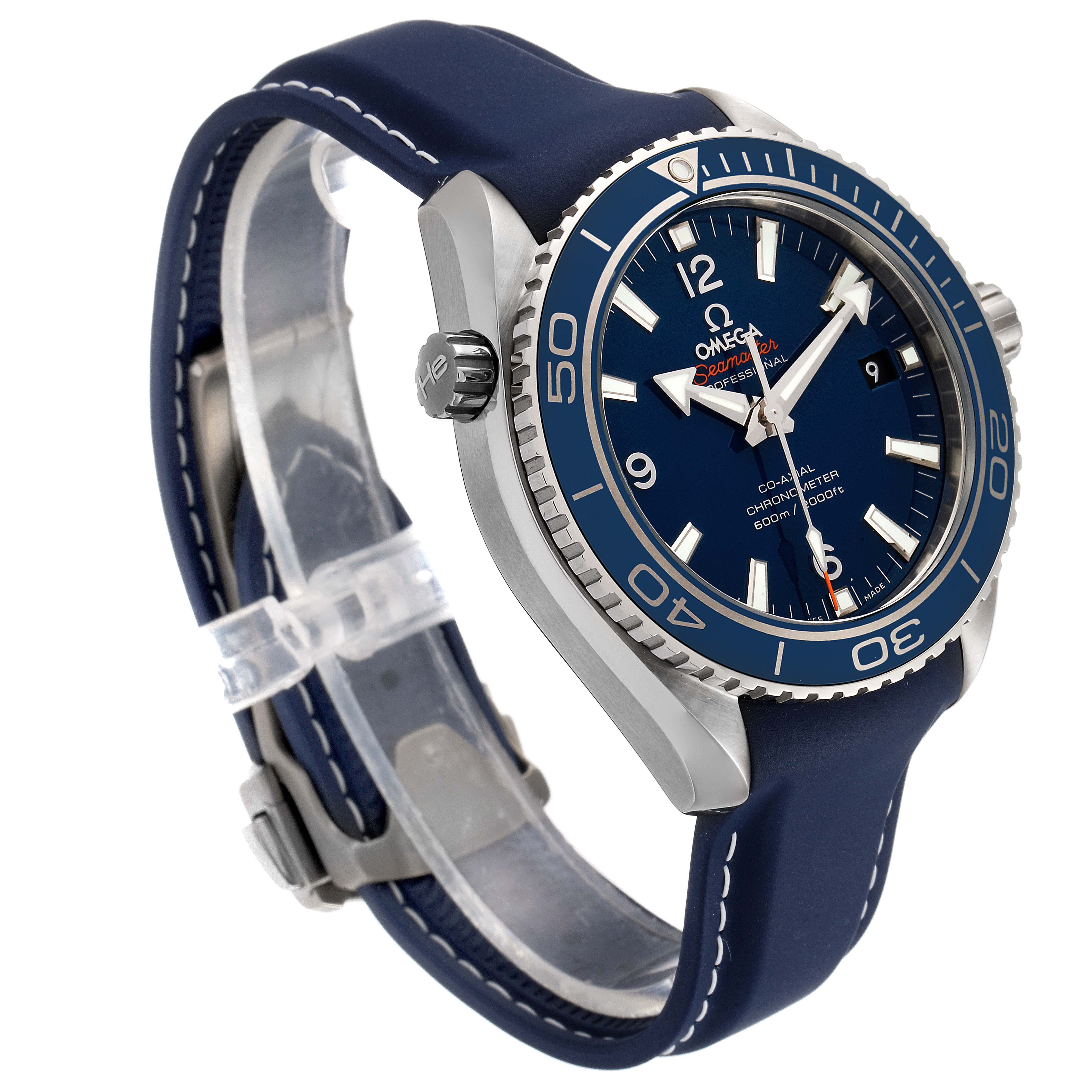 This image shows a side-angle view of the Omega Planet Ocean 232.92.42.21.03.001 Men's Stainless Steel Blue Dial 232.92.42.21.03.001 Men's Stainless Steel Blue Dial watch, highlighting its blue dial, bezel, and strap.