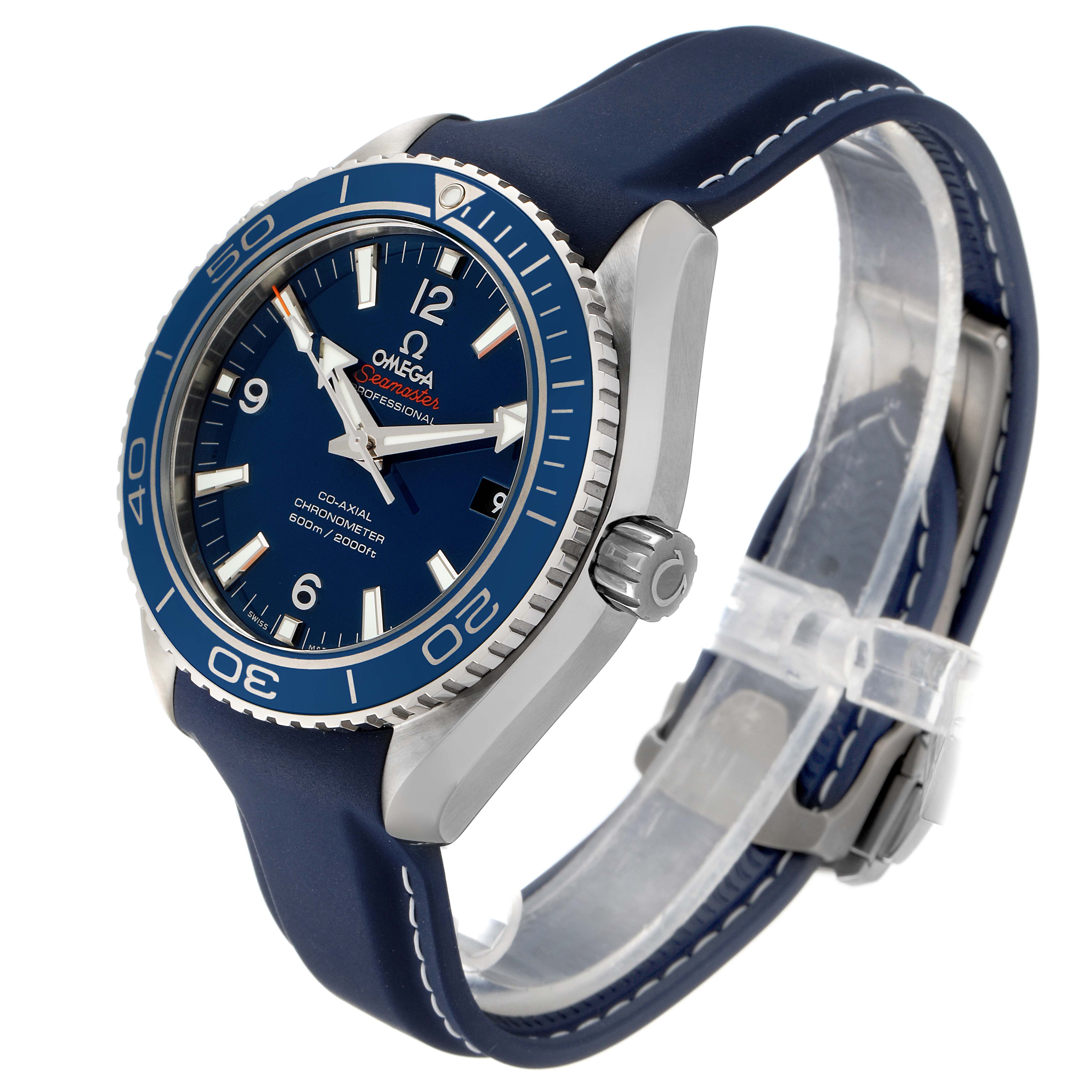 The image shows an Omega Planet Ocean 232.92.42.21.03.001 Men's Stainless Steel Blue Dial 232.92.42.21.03.001 Men's Stainless Steel Blue Dial watch at a three-quarter angle, highlighting the dial, bezel, and strap.