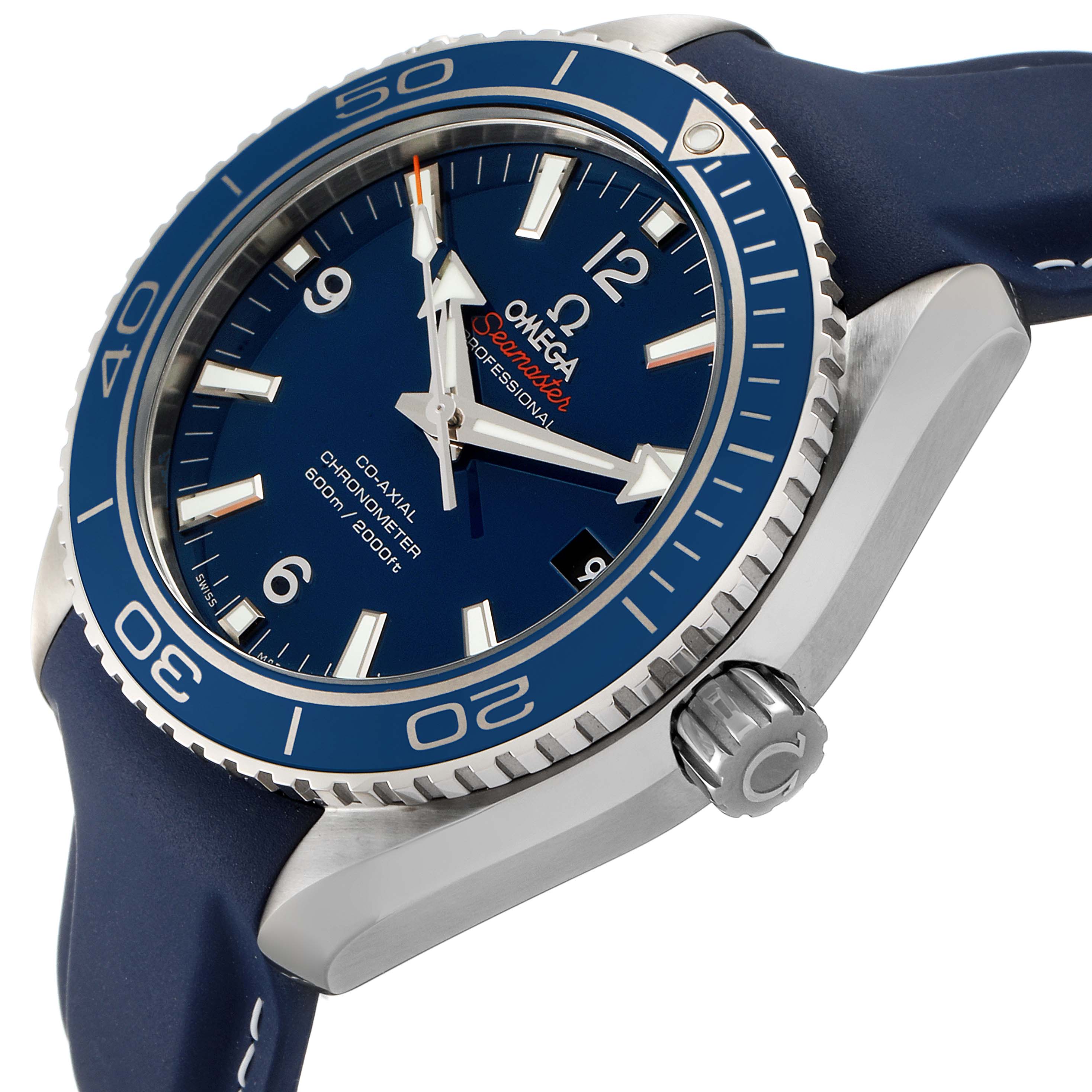 The image shows an angled view of the Omega Planet Ocean 232.92.42.21.03.001 Men's Stainless Steel Blue Dial 232.92.42.21.03.001 Men's Stainless Steel Blue Dial watch, highlighting its dial, bezel, crown, and rubber strap.