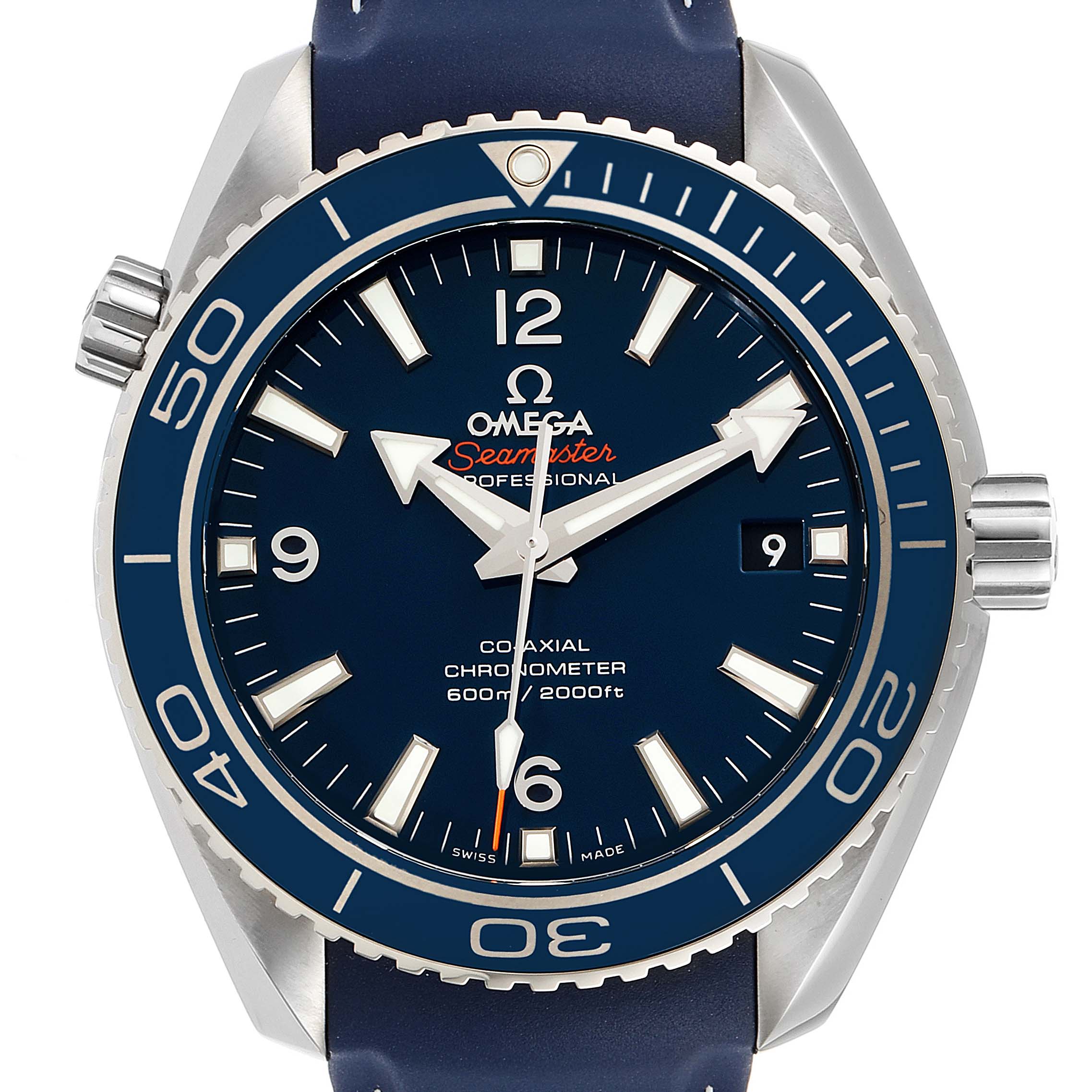 The image shows a front view of the Omega Planet Ocean 232.92.42.21.03.001 Men's Stainless Steel Blue Dial 232.92.42.21.03.001 Men's Stainless Steel Blue Dial model watch, detailing the dial, bezel, markers, and crown.