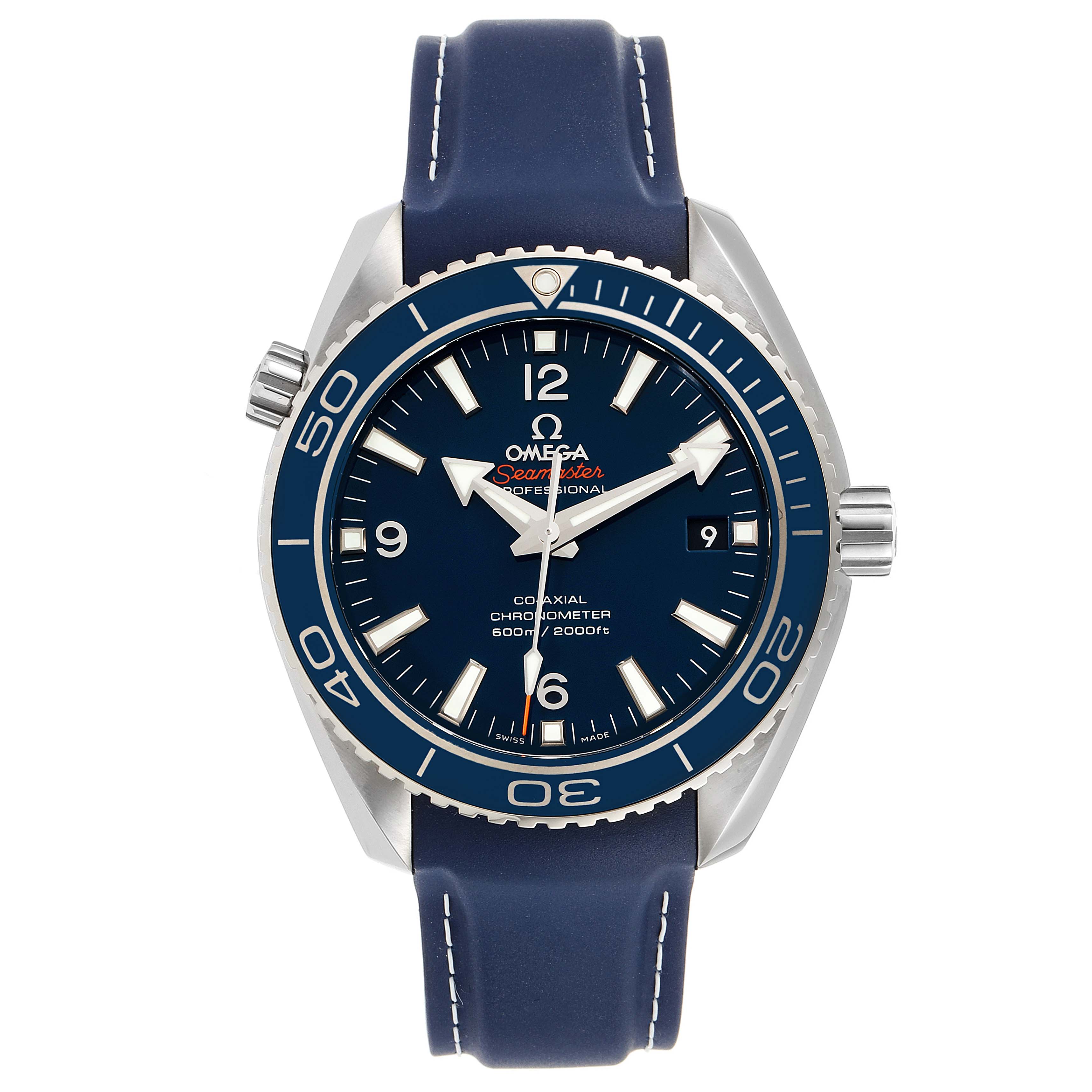 The image shows a front view of an Omega Planet Ocean 232.92.42.21.03.001 Men's Stainless Steel Blue Dial 232.92.42.21.03.001 Men's Stainless Steel Blue Dial model, featuring a blue dial and strap with a date display.