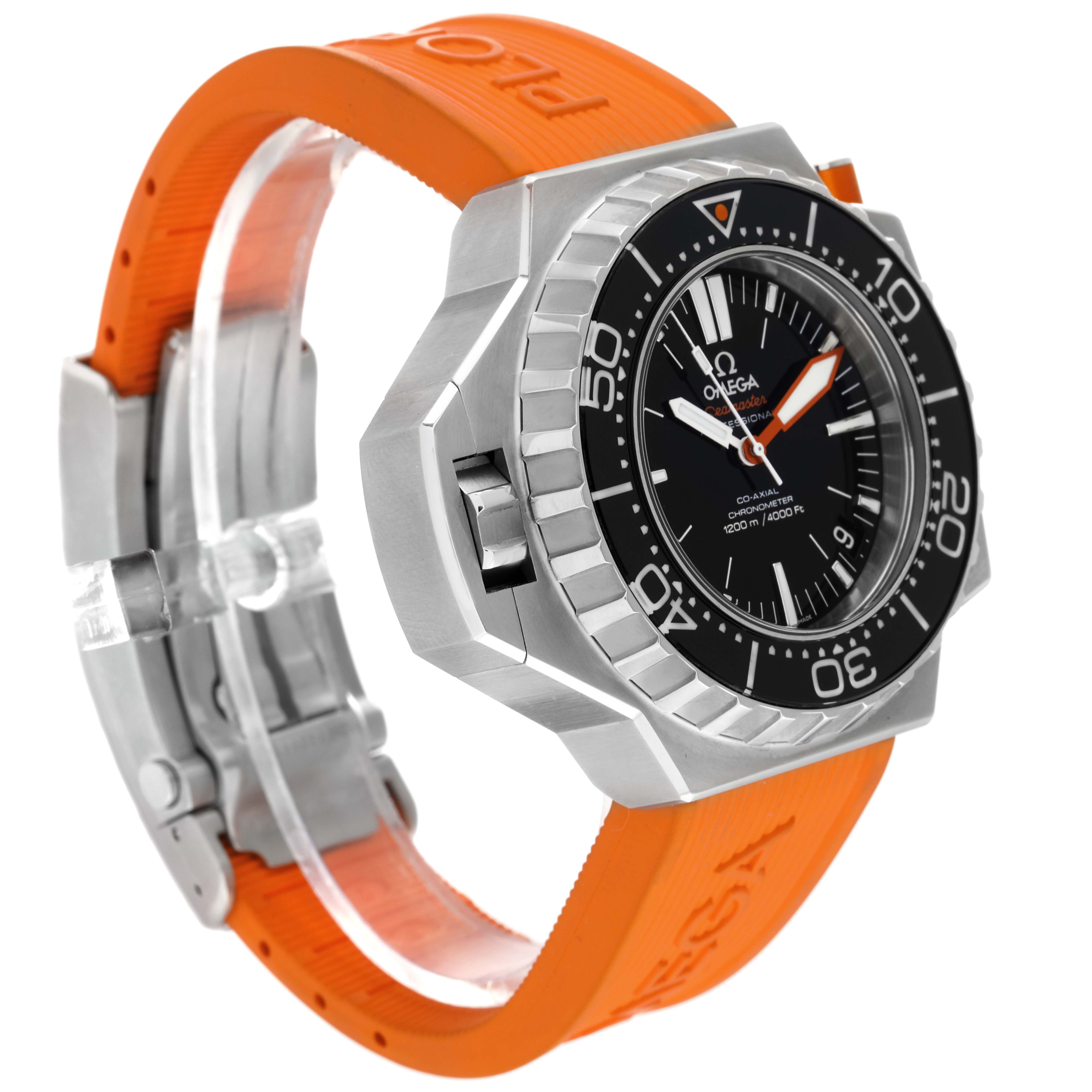 The Omega Ploprof 224.32.55.21.01.002 Men's Stainless Steel Black Dial 224.32.55.21.01.002 Men's Stainless Steel Black Dial watch is shown at a side angle, highlighting its orange strap, bezel, and robust stainless steel case.