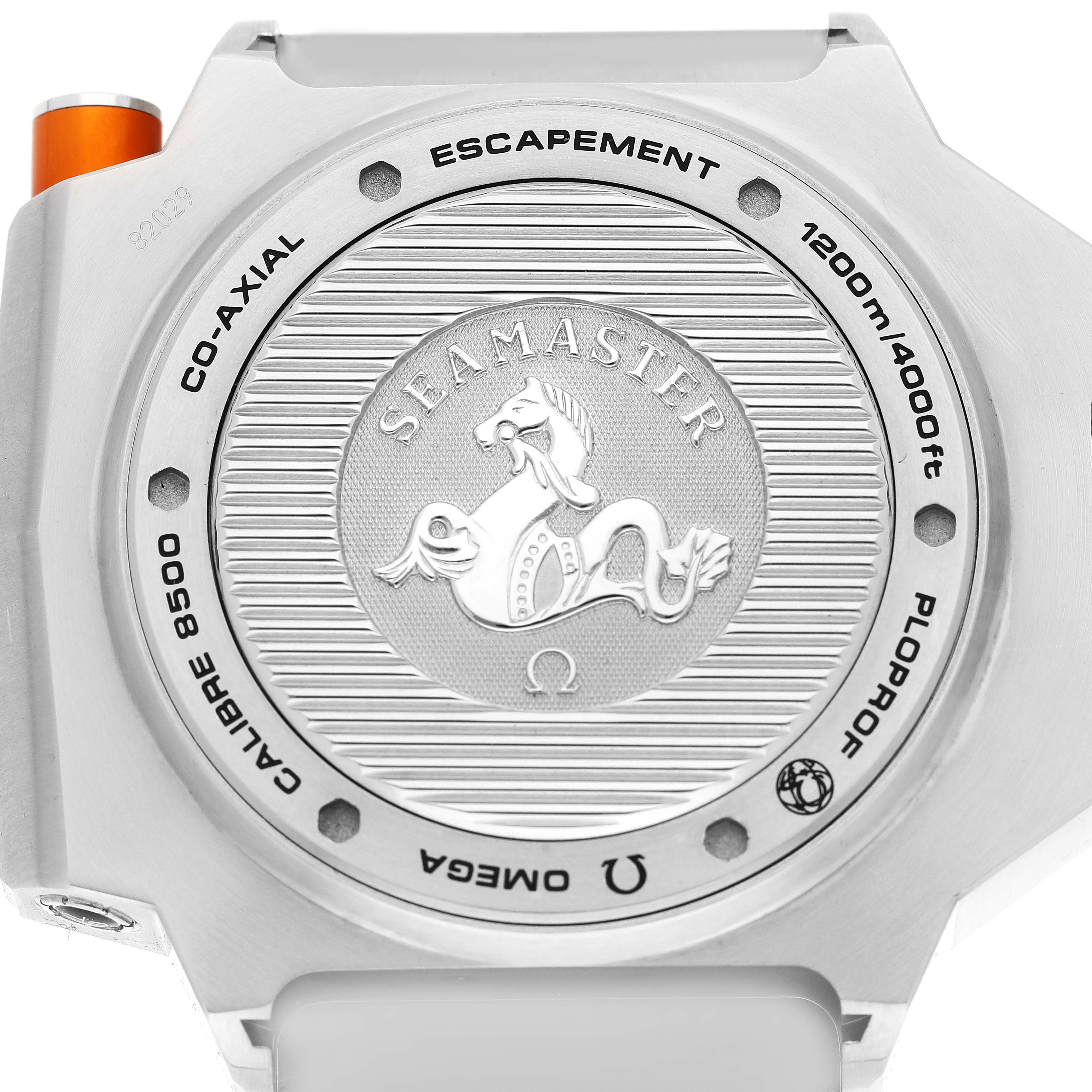 This image shows the back case of the Omega Seamaster Ploprof watch, highlighting the "Seamaster" engraving and water resistance details.