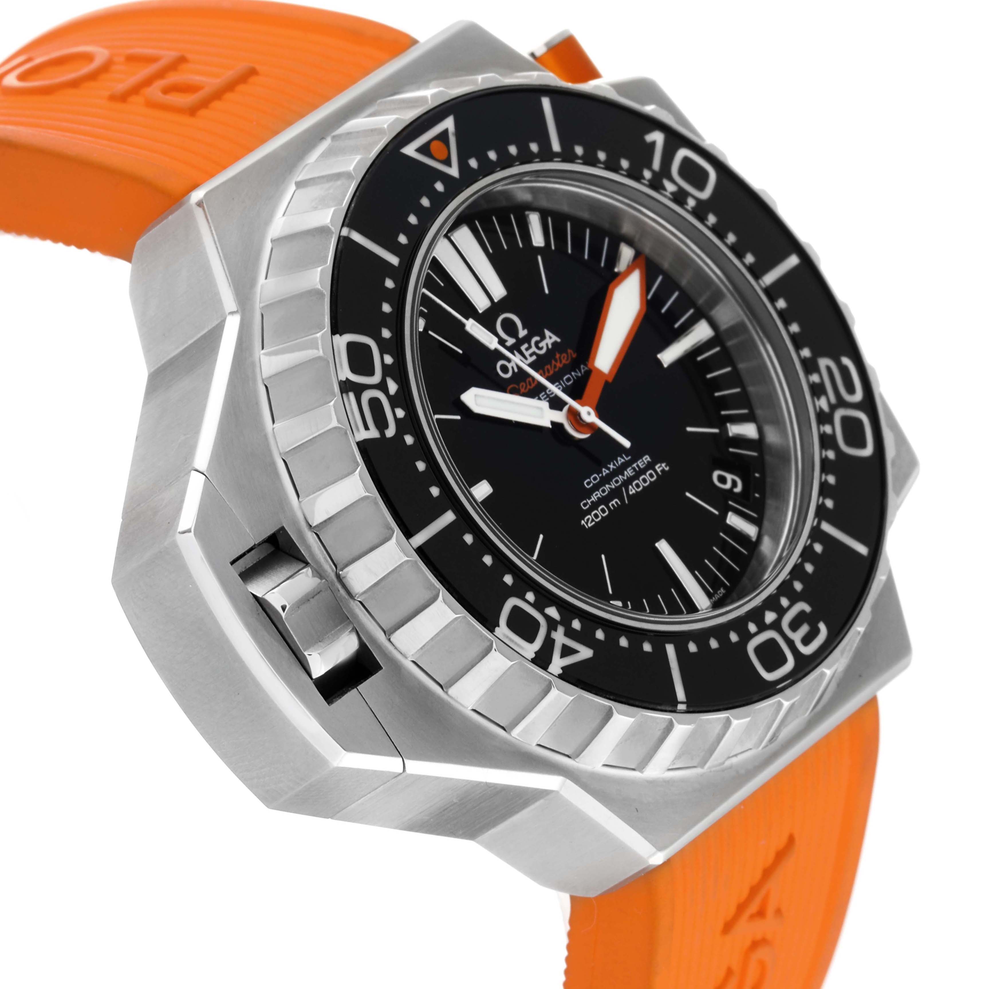 The image shows a side angle of the Omega Ploprof 224.32.55.21.01.002 Men's Stainless Steel Black Dial 224.32.55.21.01.002 Men's Stainless Steel Black Dial watch, highlighting its bezel, black dial, and orange strap.