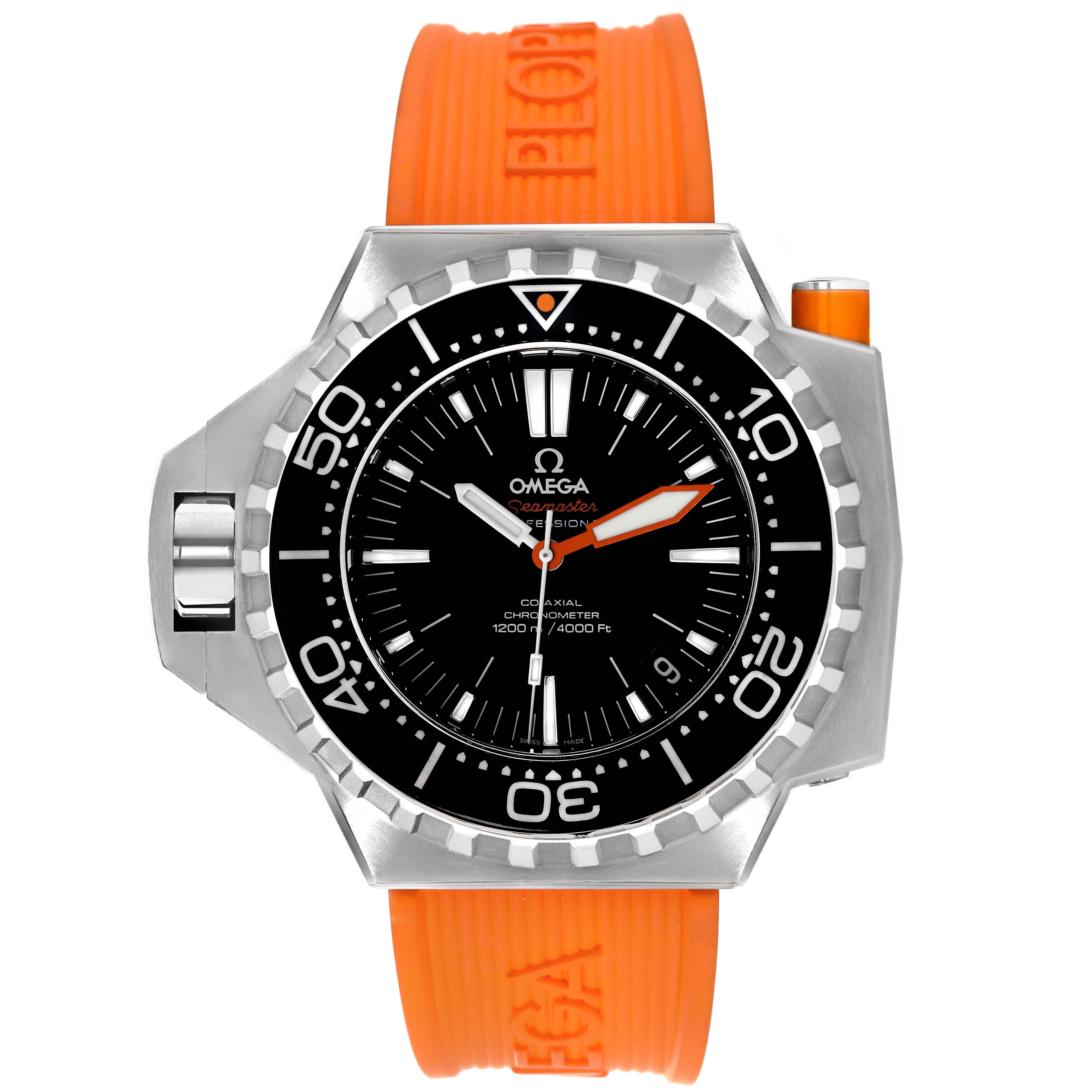 The image shows the face and bezel of an Omega Ploprof 224.32.55.21.01.002 Men's Stainless Steel Black Dial 224.32.55.21.01.002 Men's Stainless Steel Black Dial watch, featuring an orange strap and detailed dial.