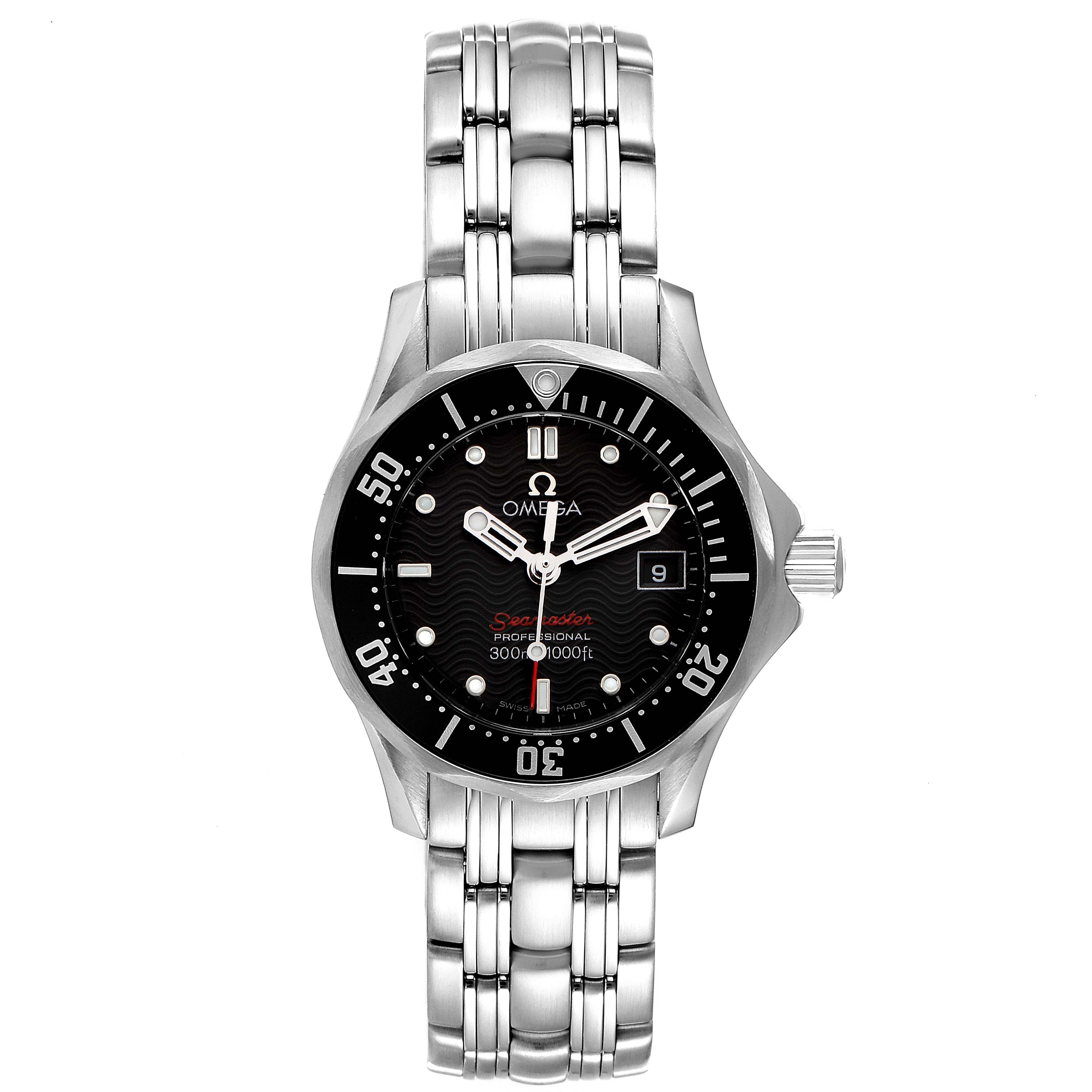 This image shows a front view of the Omega 212.30.28.61.01.001 Women's Stainless Steel Black Dial 212.30.28.61.01.001 Women's Stainless Steel Black Dial Seamaster Steel Black Dial Ladies Watch 212.30.28.61.01.001, displaying the face and bracelet.