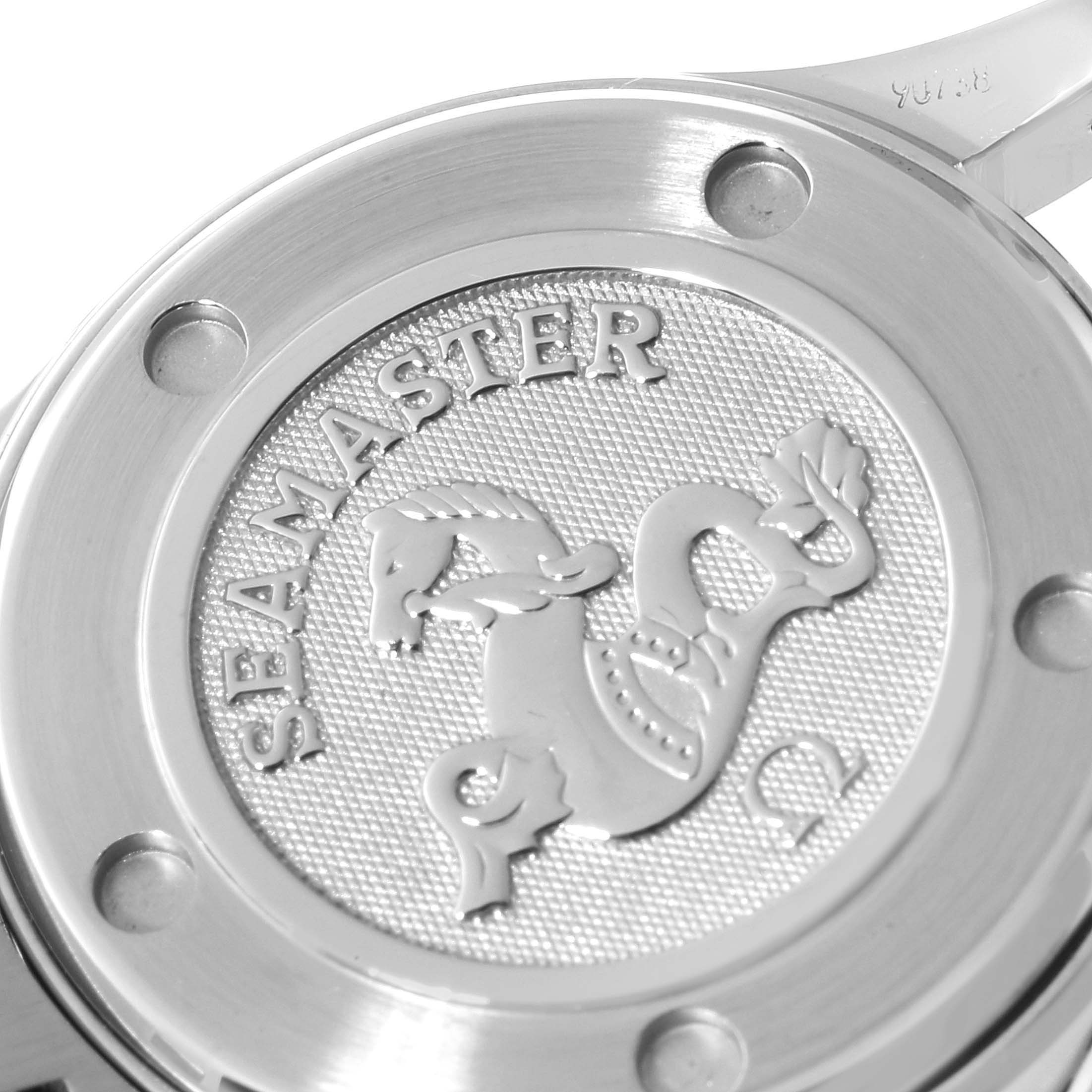 The image shows a close-up of the back case of the Omega 212.30.28.61.01.001 Women's Stainless Steel Black Dial 212.30.28.61.01.001 Women's Stainless Steel Black Dial Seamaster Steel Black Dial Ladies Watch 212.30.28.61.01.001.