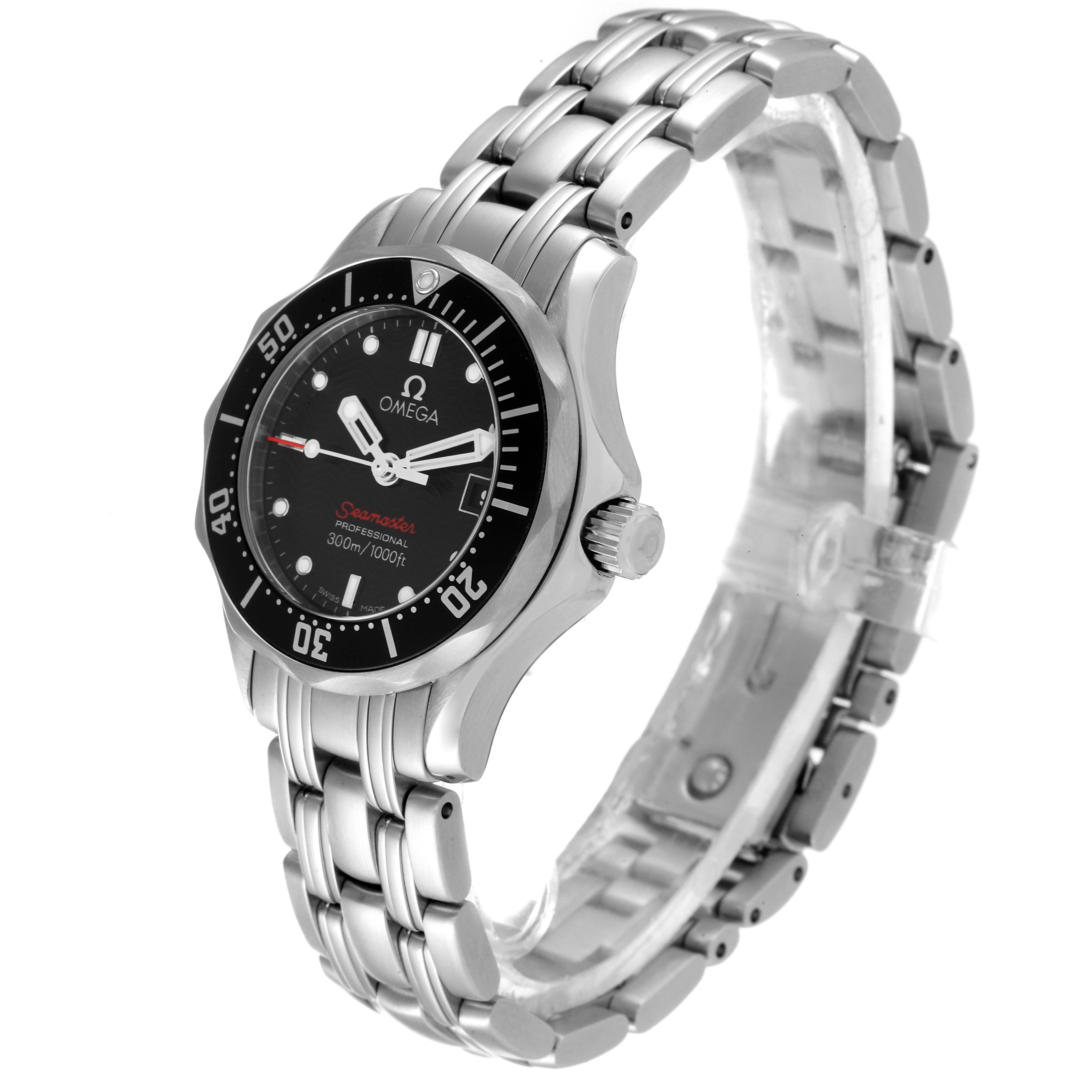 The image shows the Omega 212.30.28.61.01.001 Women's Stainless Steel Black Dial 212.30.28.61.01.001 Women's Stainless Steel Black Dial Seamaster Steel Black Dial Ladies Watch model 212.30.28.61.01.001 at an angle highlighting the face and bracelet.