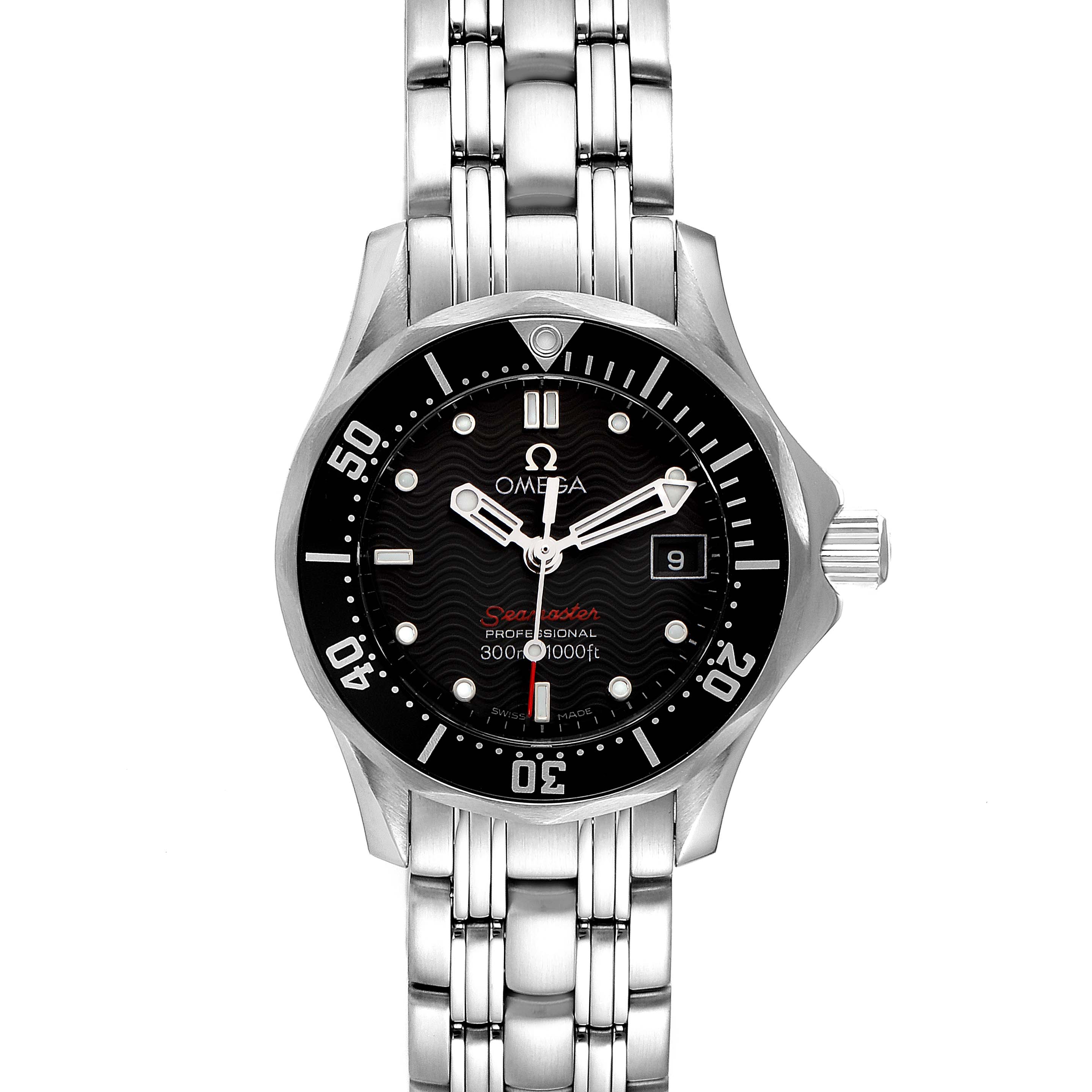 The image shows a front view of the Omega 212.30.28.61.01.001 Women's Stainless Steel Black Dial 212.30.28.61.01.001 Women's Stainless Steel Black Dial Seamaster Steel Black Dial Ladies Watch model 212.30.28.61.01.001.