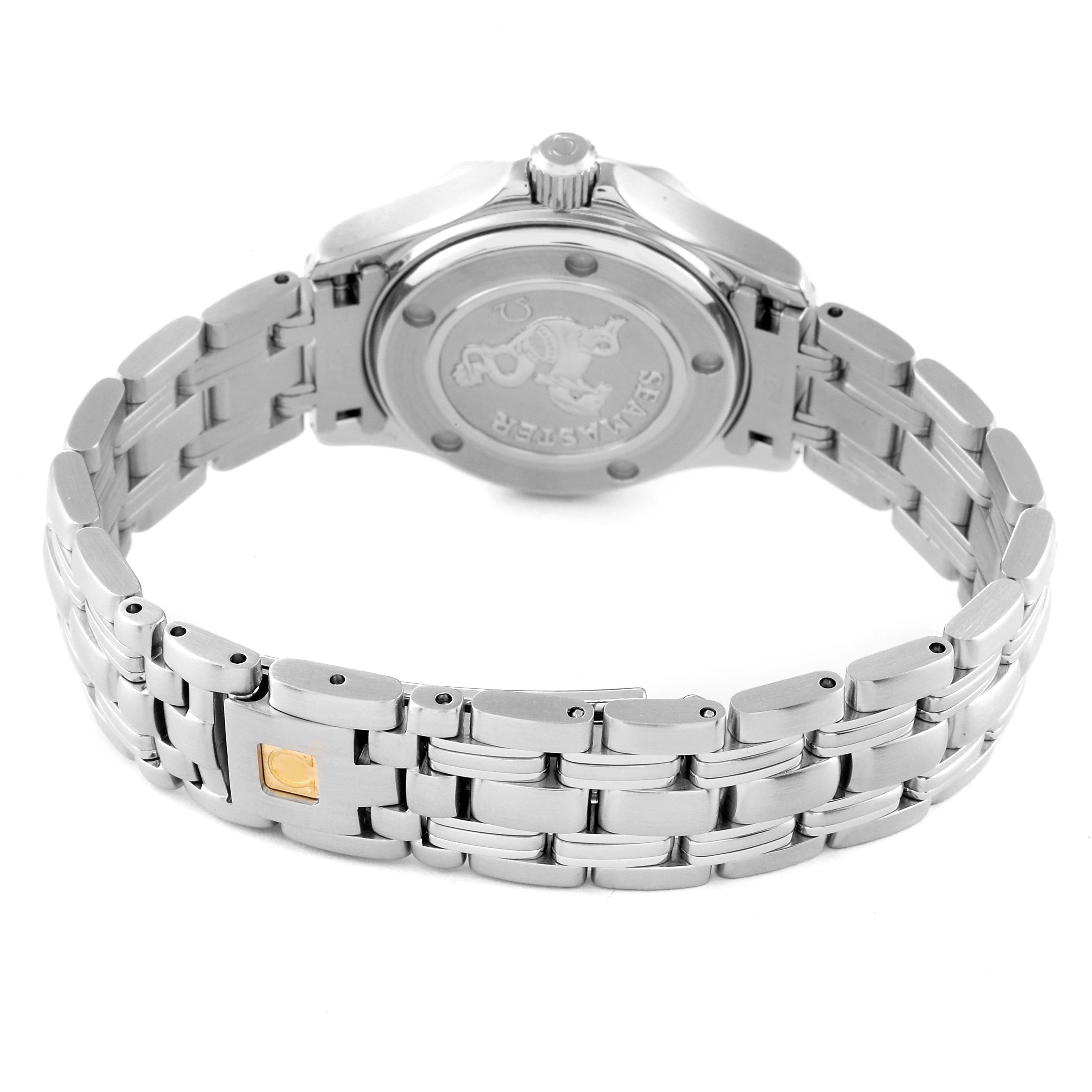 This image shows the back and bracelet of the Omega 212.30.28.61.01.001 Women's Stainless Steel Black Dial 212.30.28.61.01.001 Women's Stainless Steel Black Dial Seamaster Steel Black Dial Ladies Watch 212.30.28.61.01.001.