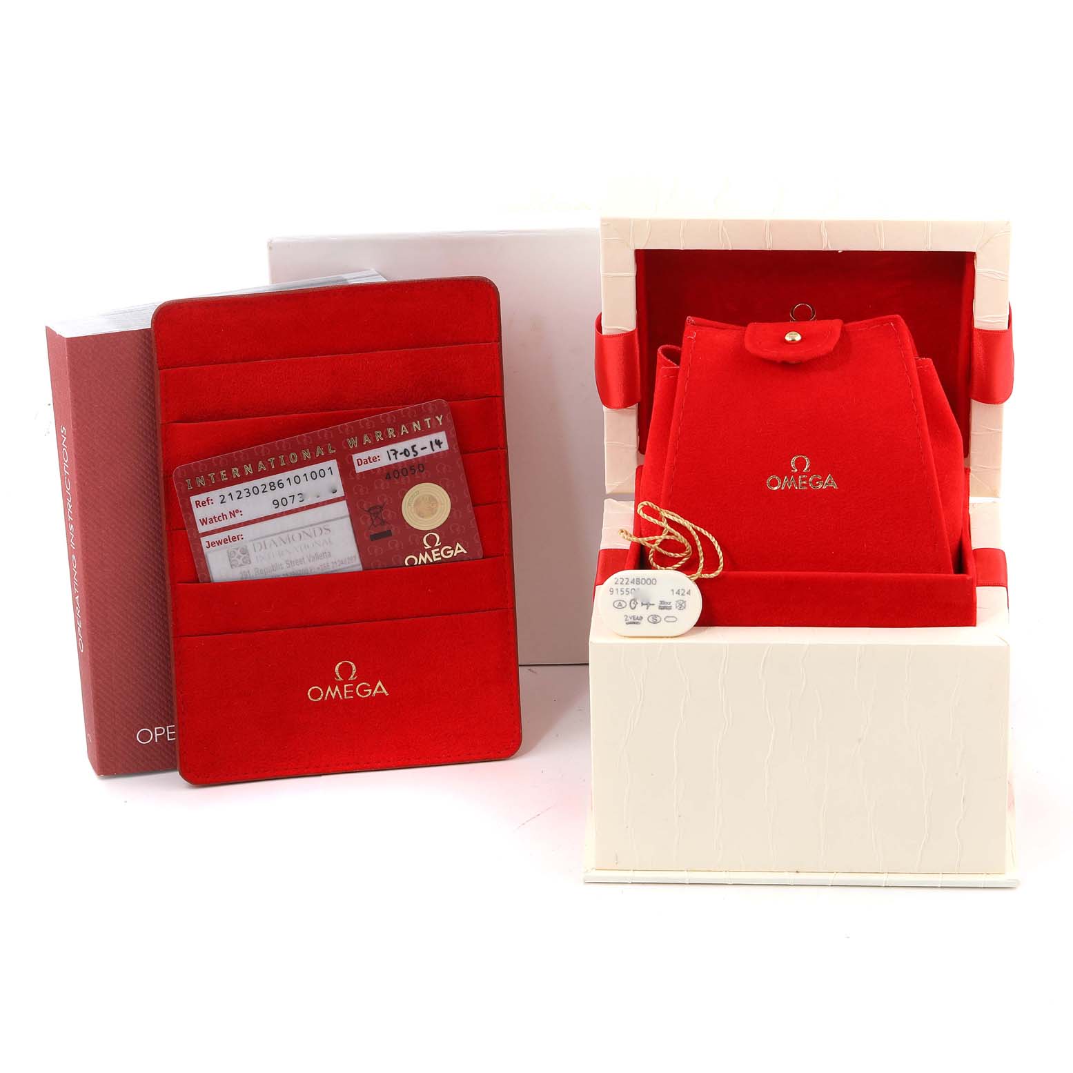 The image shows the box and international warranty card for the Omega 212.30.28.61.01.001 Women's Stainless Steel Black Dial 212.30.28.61.01.001 Women's Stainless Steel Black Dial Seamaster Steel Black Dial Ladies Watch 212.30.28.61.01.001.