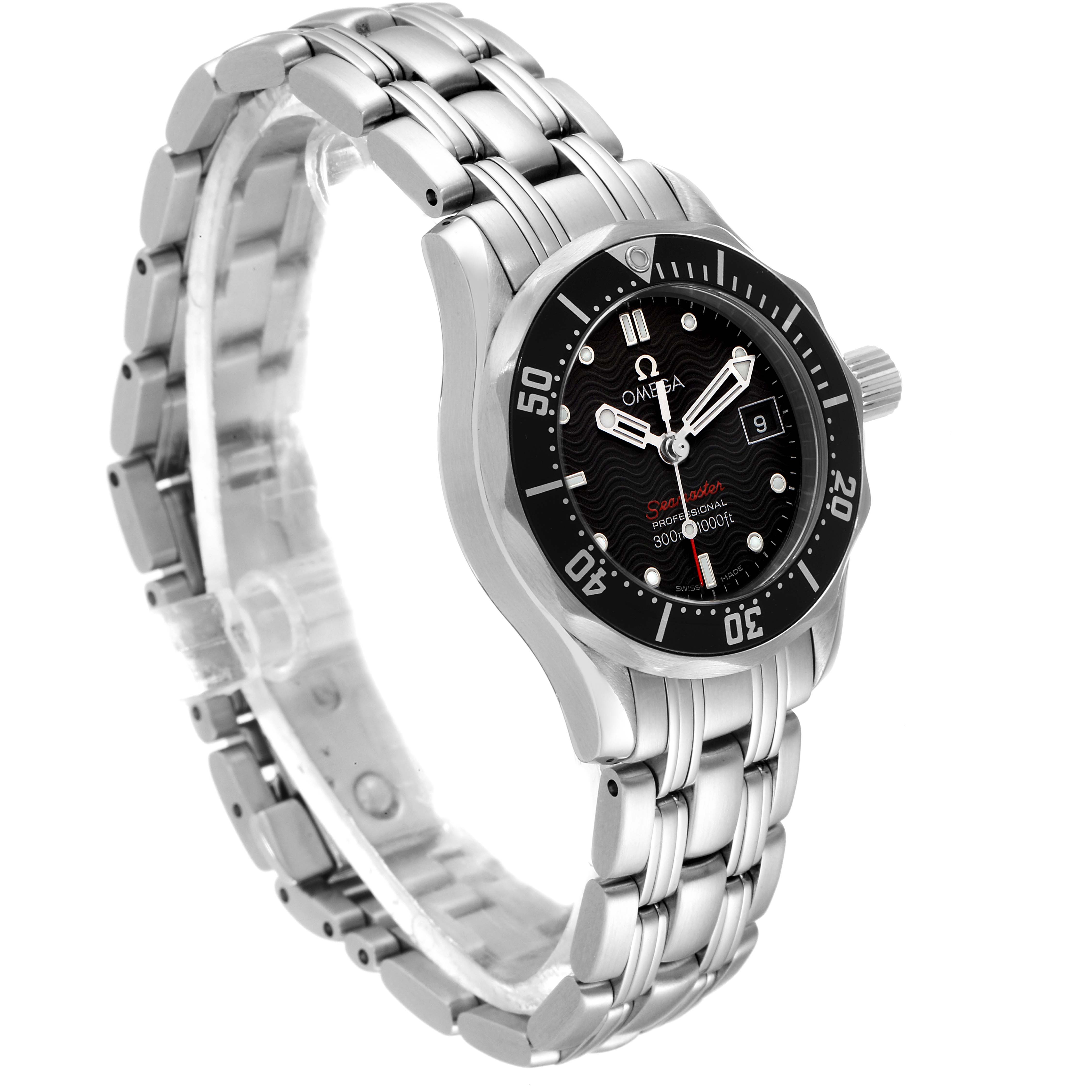 The Omega 212.30.28.61.01.001 Women's Stainless Steel Black Dial 212.30.28.61.01.001 Women's Stainless Steel Black Dial Seamaster Steel Black Dial Ladies Watch 212.30.28.61.01.001 is shown at a three-quarter angle, highlighting its stainless steel bracelet and black dial.