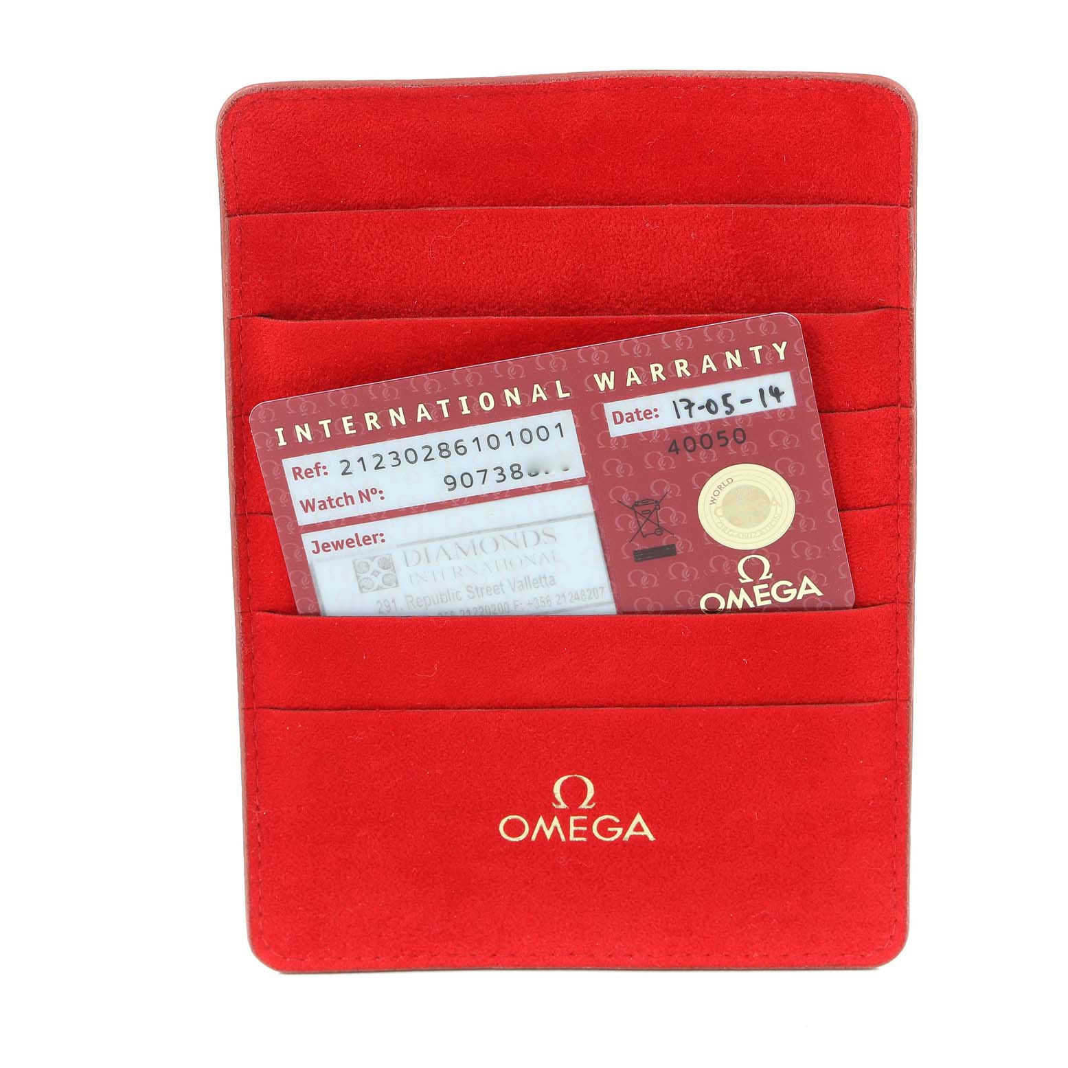 The image shows an Omega 212.30.28.61.01.001 Women's Stainless Steel Black Dial 212.30.28.61.01.001 Women's Stainless Steel Black Dial Seamaster Steel Black Dial Ladies Watch 212.30.28.61.01.001 international warranty card in a red holder.