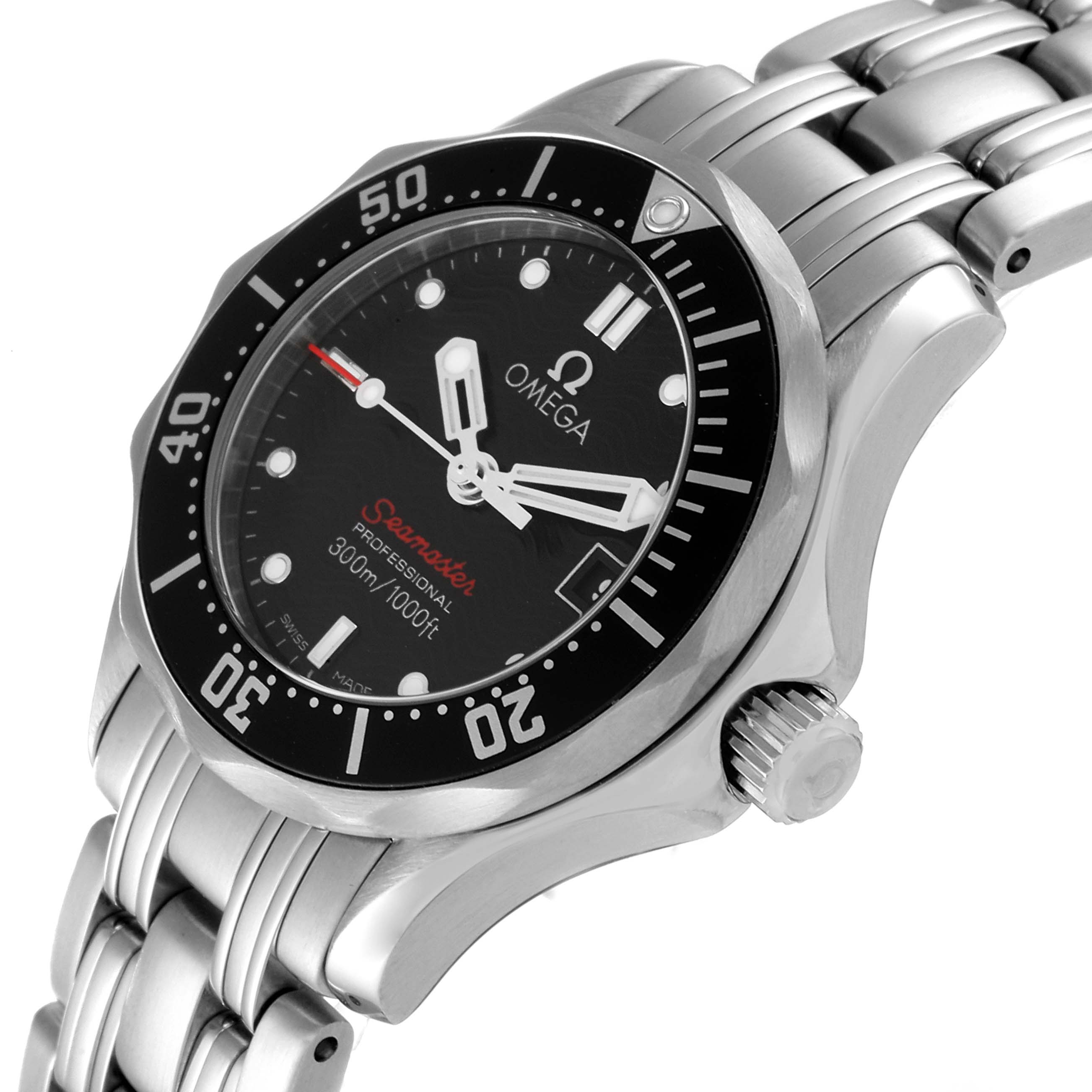 The Omega 212.30.28.61.01.001 Women's Stainless Steel Black Dial 212.30.28.61.01.001 Women's Stainless Steel Black Dial Seamaster Steel Black Dial Ladies Watch 212.30.28.61.01.001 is shown from a three-quarter angle, displaying its face, bezel, and bracelet.