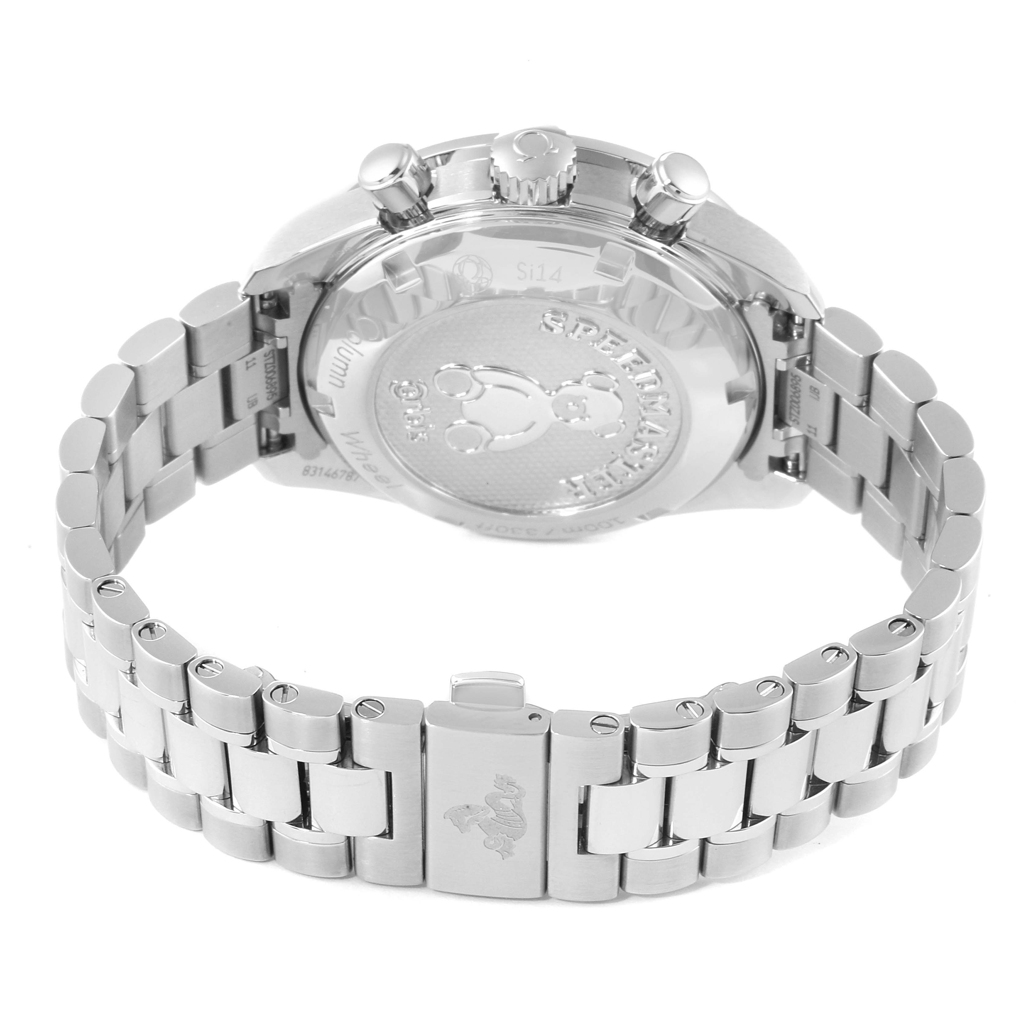 The image shows the back of an Omega Speedmaster 324.30.38.50.03.002 Men's Stainless Steel Blue Dial 324.30.38.50.03.002 Men's Stainless Steel Blue Dial watch, highlighting the case back, pushers, crown, and bracelet with a clasp.