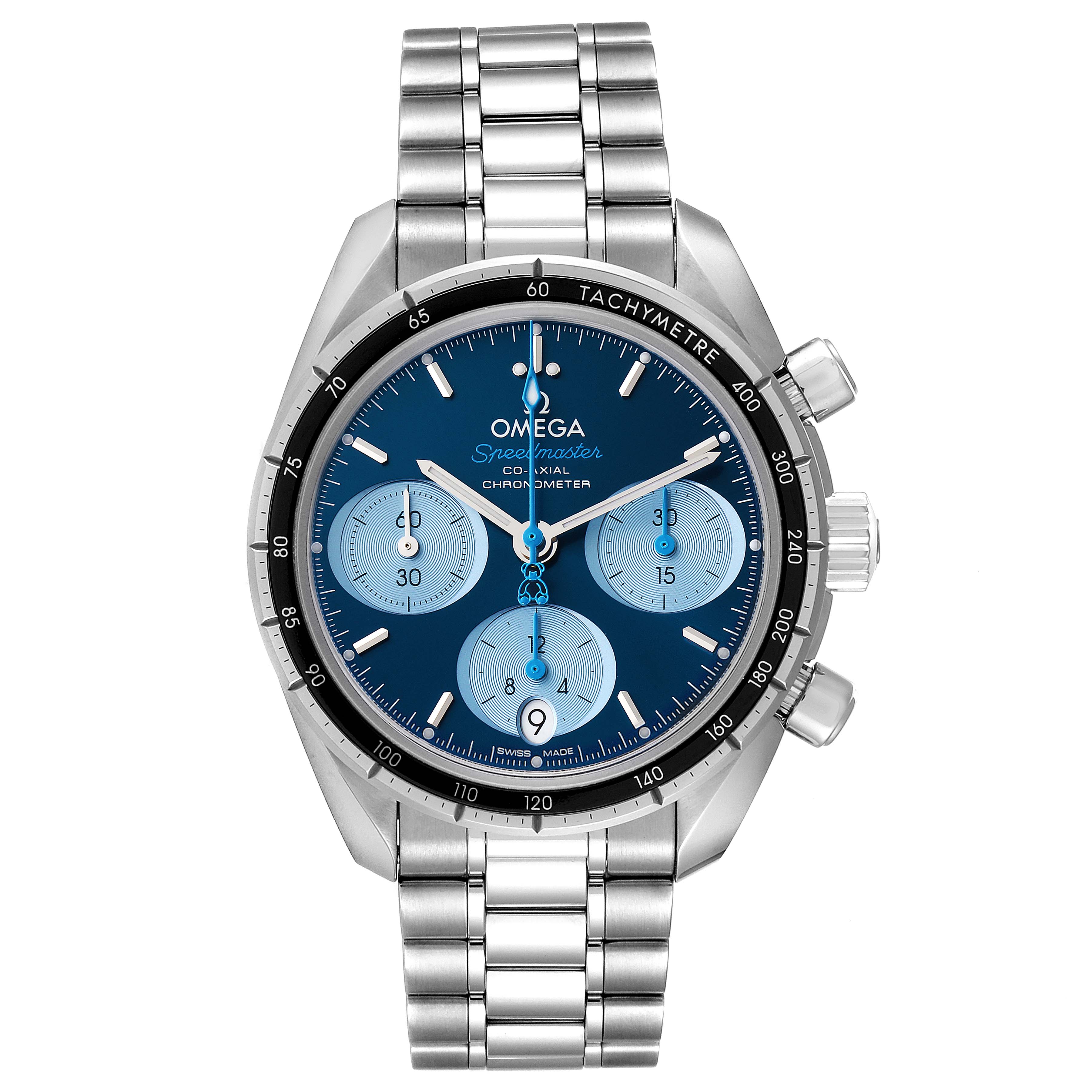 The image shows a frontal view of an Omega Speedmaster 324.30.38.50.03.002 Men's Stainless Steel Blue Dial 324.30.38.50.03.002 Men's Stainless Steel Blue Dial watch, highlighting its dial, chronograph subdials, and metal bracelet.