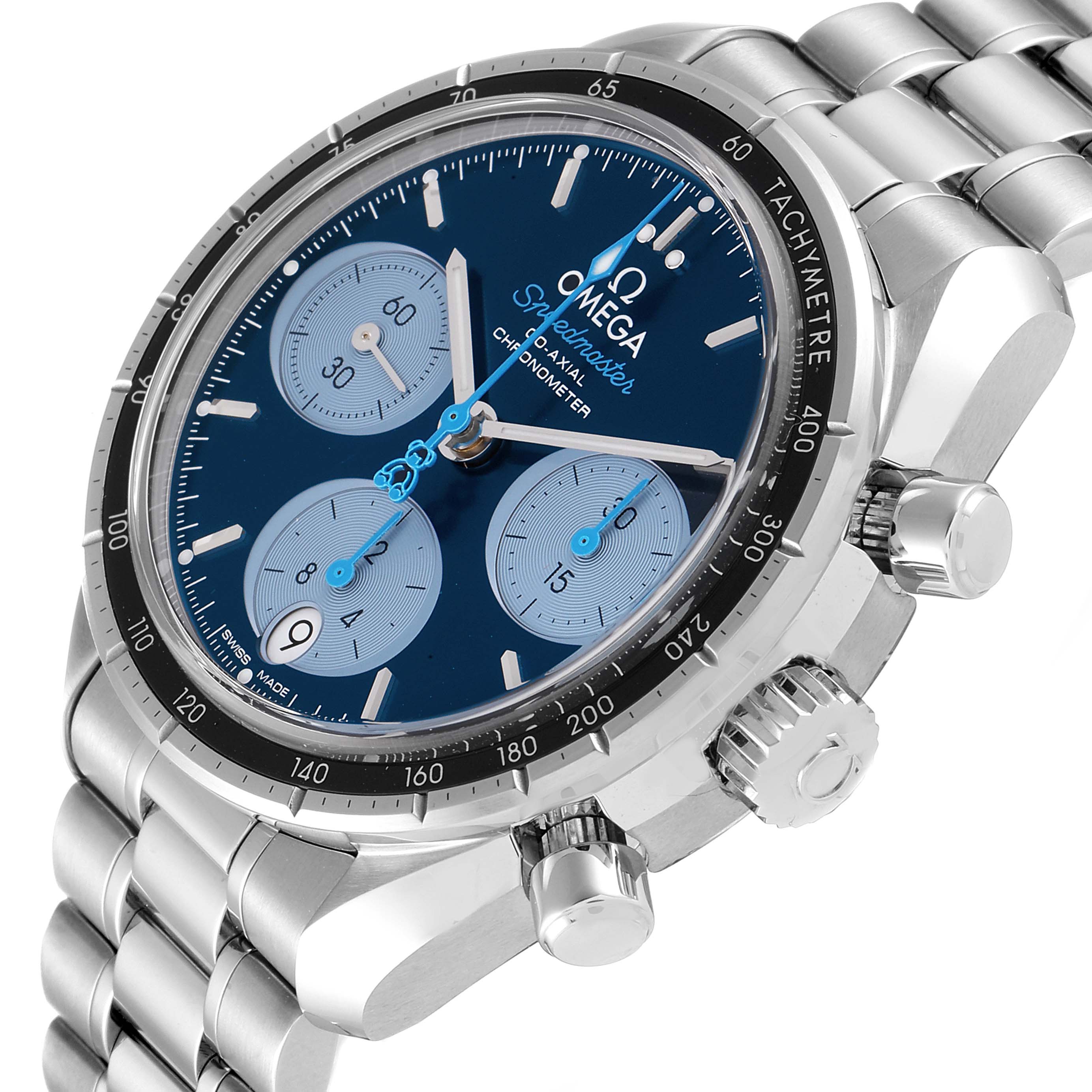 This image shows the Omega Speedmaster 324.30.38.50.03.002 Men's Stainless Steel Blue Dial 324.30.38.50.03.002 Men's Stainless Steel Blue Dial watch at a three-quarter angle, displaying the face, tachymeter, steel bracelet, and side buttons.