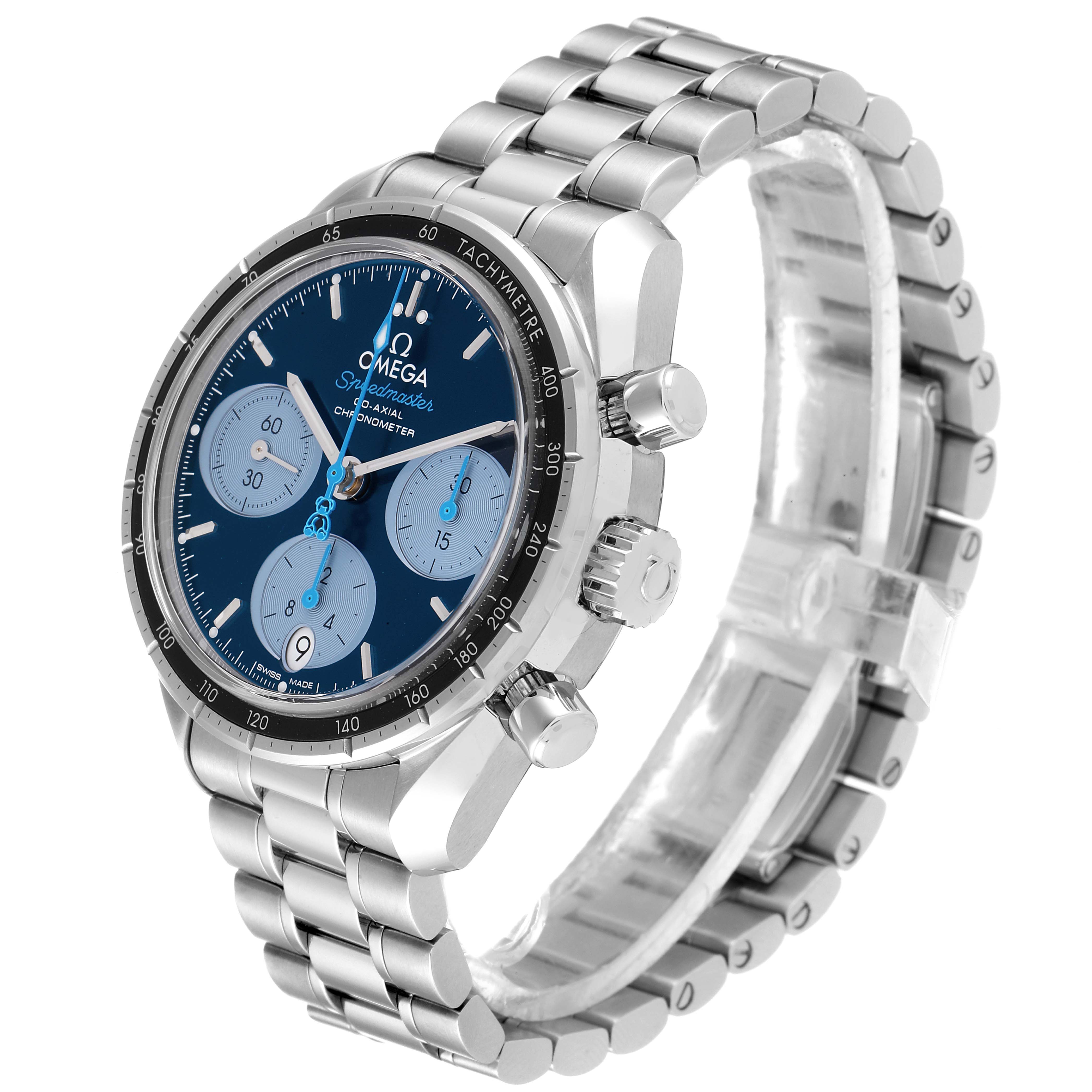 The image shows a side angle of an Omega Speedmaster 324.30.38.50.03.002 Men's Stainless Steel Blue Dial 324.30.38.50.03.002 Men's Stainless Steel Blue Dial watch featuring its face, bezel, pushers, and bracelet.