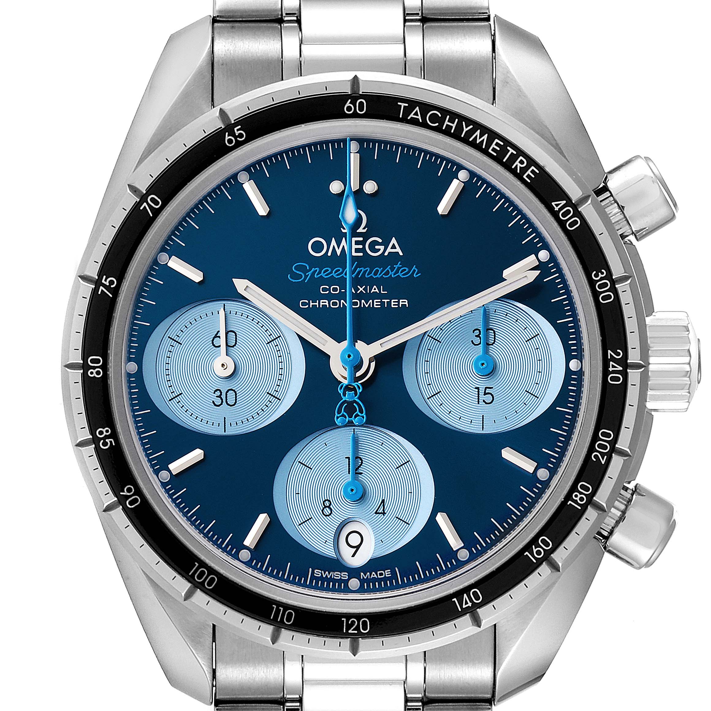 This image shows a frontal close-up of an Omega Speedmaster 324.30.38.50.03.002 Men's Stainless Steel Blue Dial 324.30.38.50.03.002 Men's Stainless Steel Blue Dial watch, highlighting its dial, bezel, and chronograph subdials.