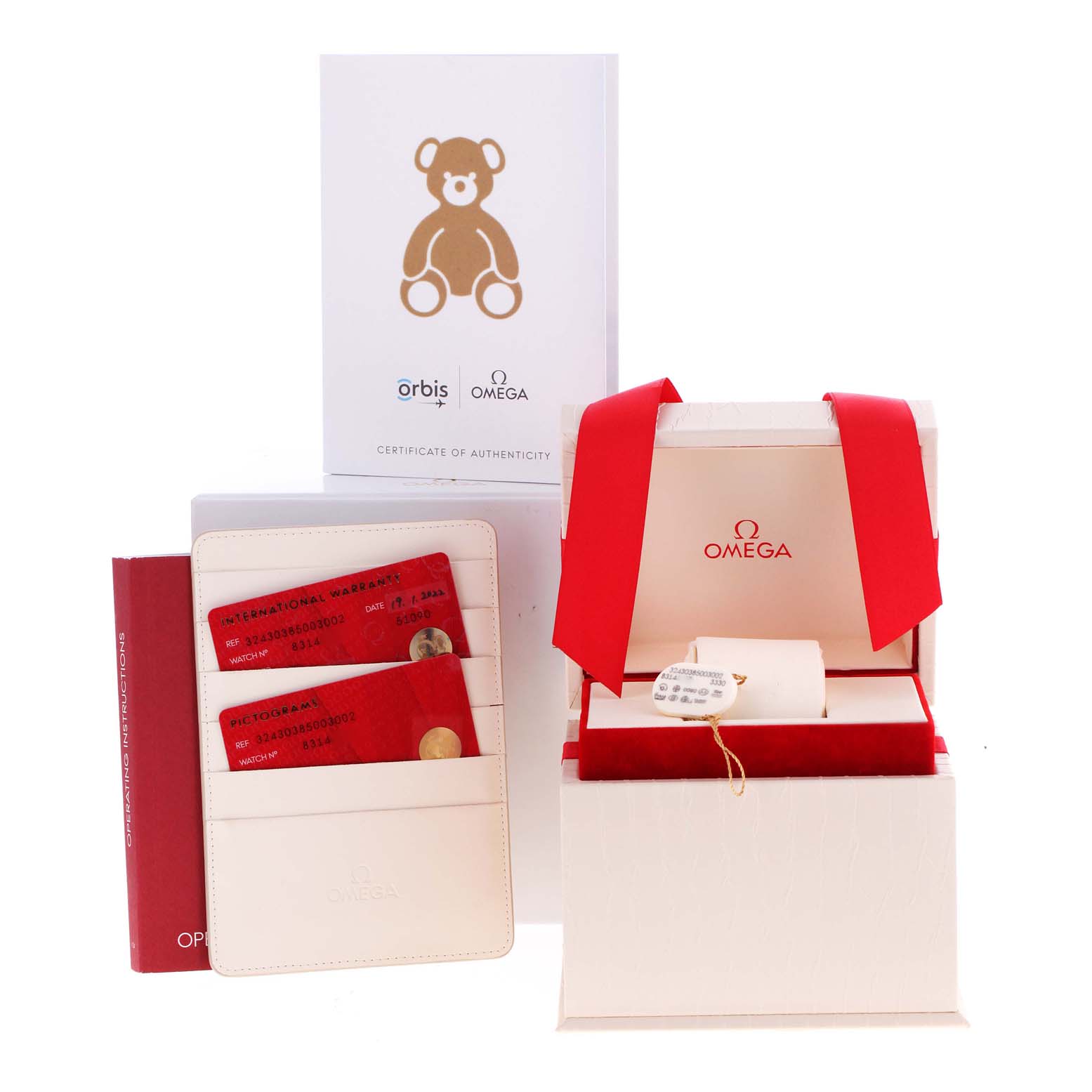 The image shows the packaging and accessories for an Omega Speedmaster 324.30.38.50.03.002 Men's Stainless Steel Blue Dial 324.30.38.50.03.002 Men's Stainless Steel Blue Dial watch, including a certificate, box, and warranty cards.