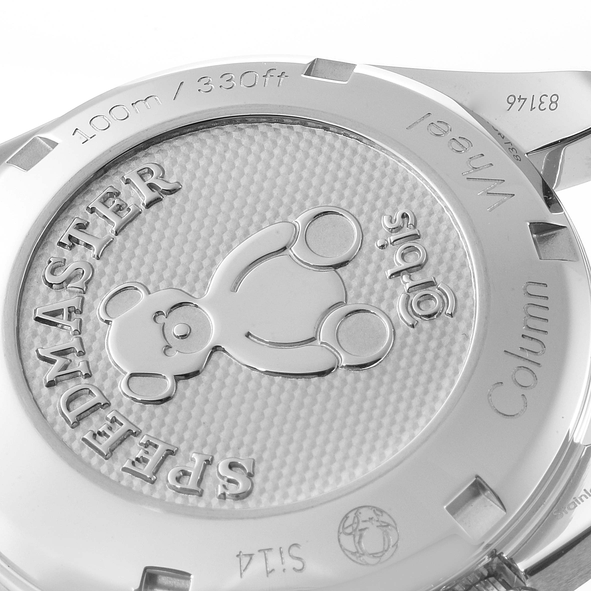 The image shows the case back of an Omega Speedmaster 324.30.38.50.03.002 Men's Stainless Steel Blue Dial 324.30.38.50.03.002 Men's Stainless Steel Blue Dial watch, featuring a teddy bear design and engravings.