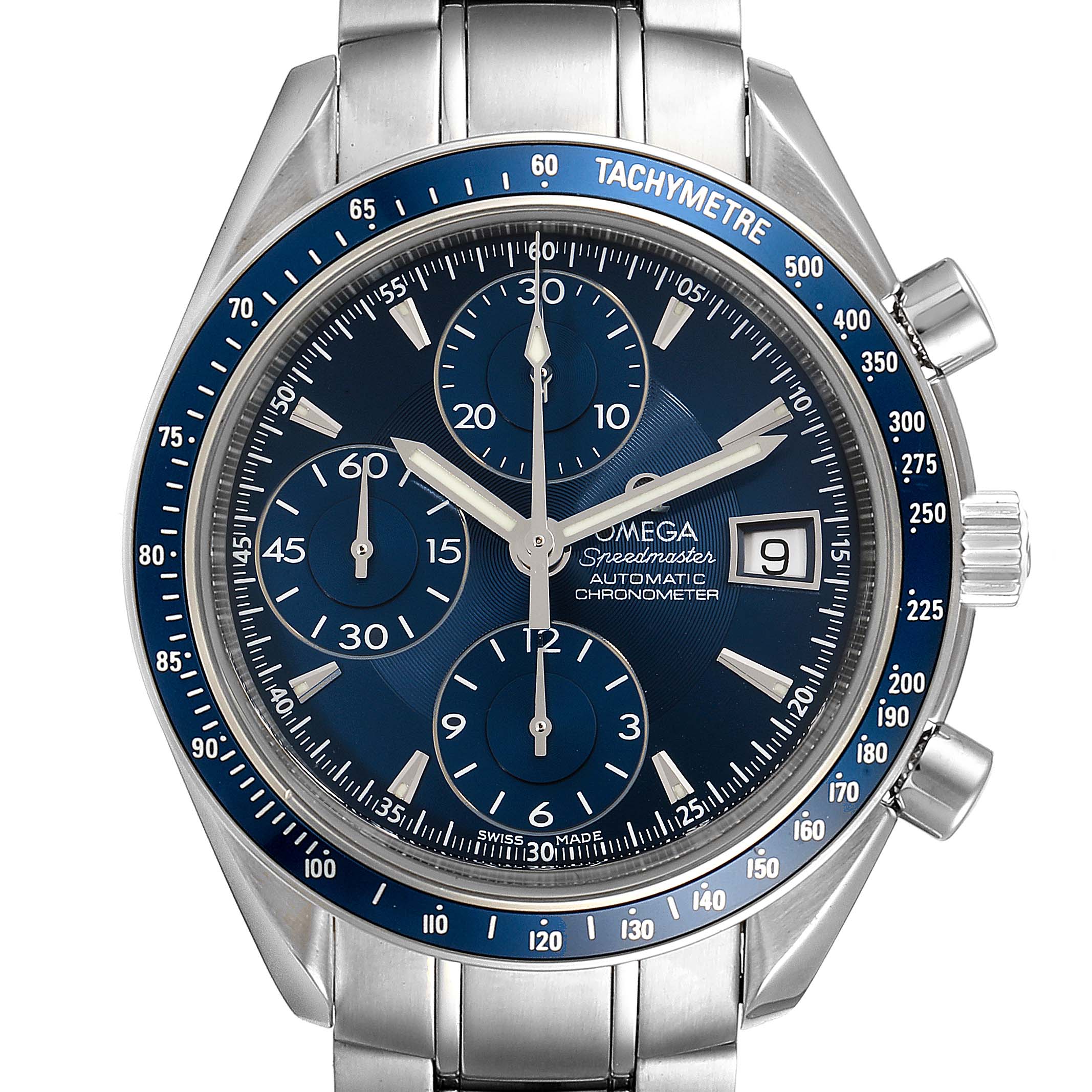 This image shows a frontal view of the Omega Speedmaster 3212.80.00 Men
s Stainless Steel Blue Dial 3212.80.00 Men
s Stainless Steel Blue Dial watch, highlighting the dial, sub-dials, tachymeter bezel, and date window.