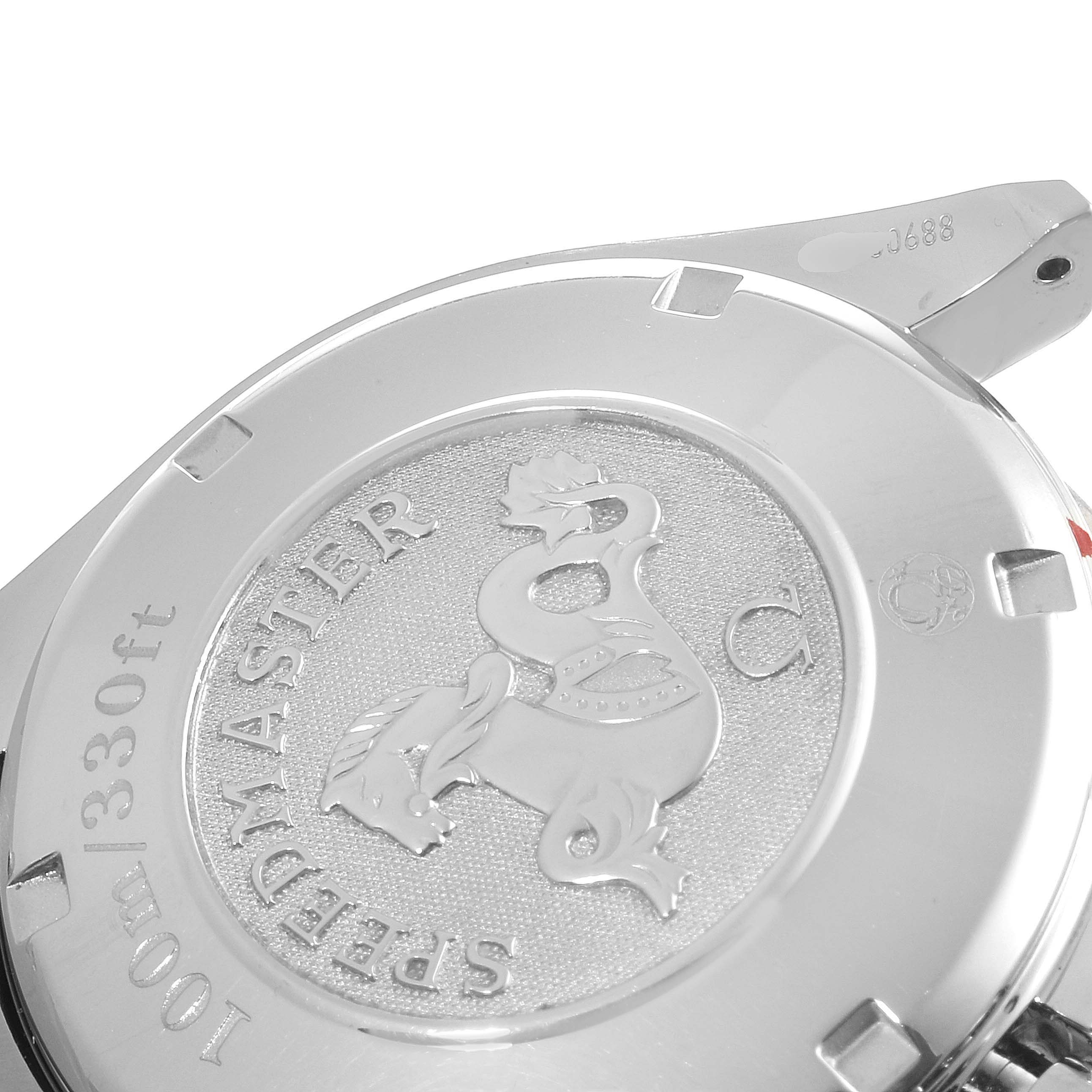 The image shows the back case of an Omega Speedmaster 3212.80.00 Men
s Stainless Steel Blue Dial 3212.80.00 Men
s Stainless Steel Blue Dial watch, highlighting the engraved logo and text detailing.