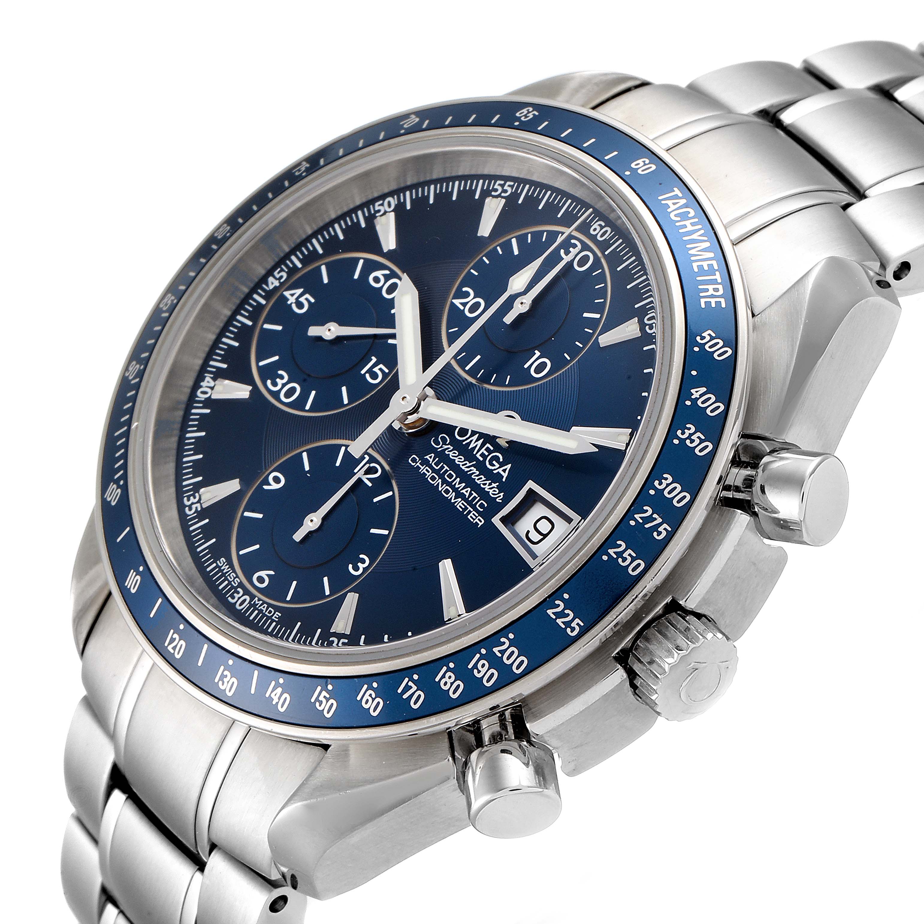 The Omega Speedmaster 3212.80.00 Men
s Stainless Steel Blue Dial 3212.80.00 Men
s Stainless Steel Blue Dial watch is shown from an angled side view, highlighting its bezel, crown, chronograph pushers, and stainless steel bracelet.