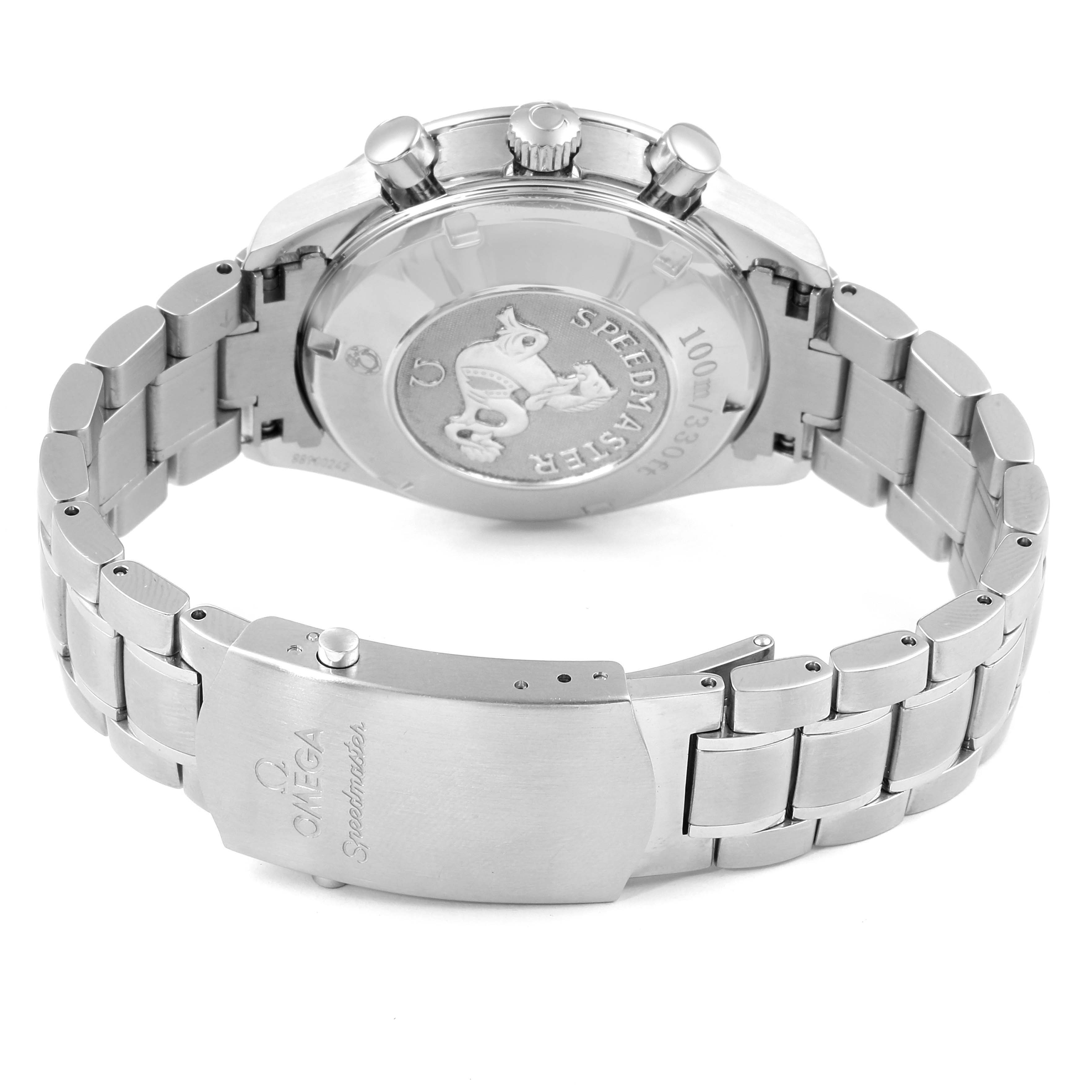 The image shows the back case and stainless steel bracelet of an Omega Speedmaster 3212.80.00 Men
s Stainless Steel Blue Dial 3212.80.00 Men
s Stainless Steel Blue Dial watch, revealing the engraved case back and clasp.