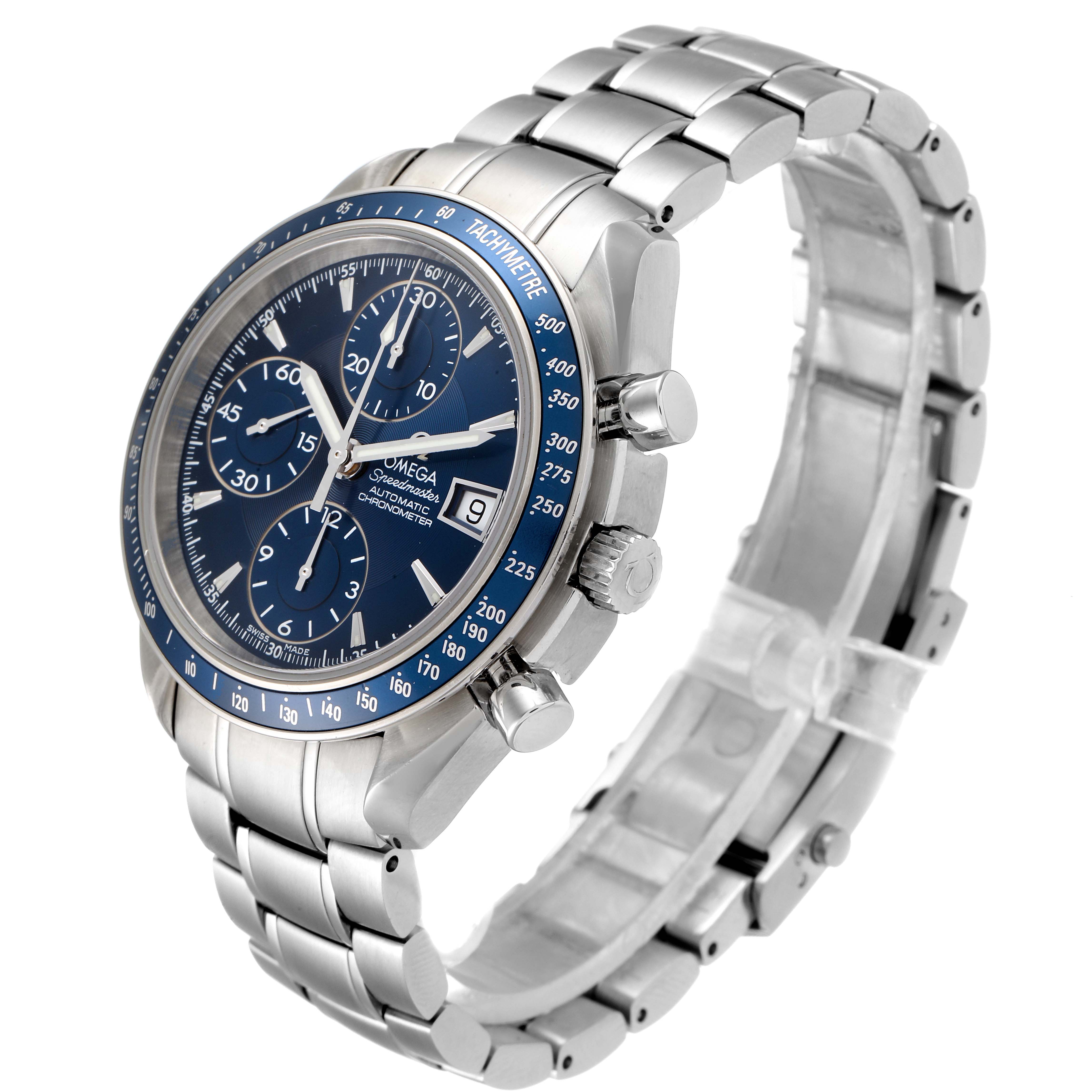 The Omega Speedmaster 3212.80.00 Men
s Stainless Steel Blue Dial 3212.80.00 Men
s Stainless Steel Blue Dial watch is shown at an angle highlighting the face, bezel, case, and stainless steel bracelet.