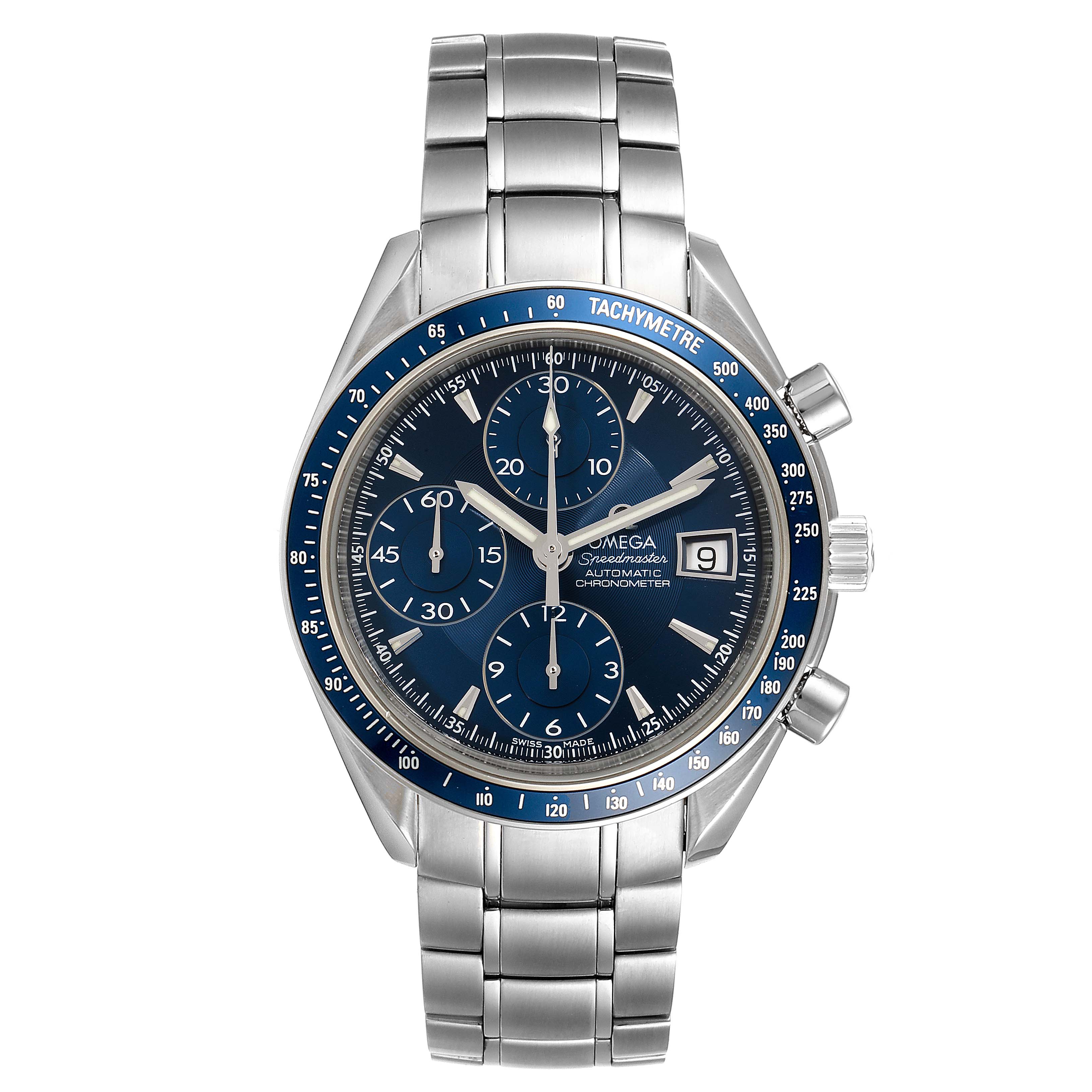 The image shows a front view of the Omega Speedmaster 3212.80.00 Men
s Stainless Steel Blue Dial 3212.80.00 Men
s Stainless Steel Blue Dial watch, highlighting its dial, bracelet, subdials, and tachymeter bezel.
