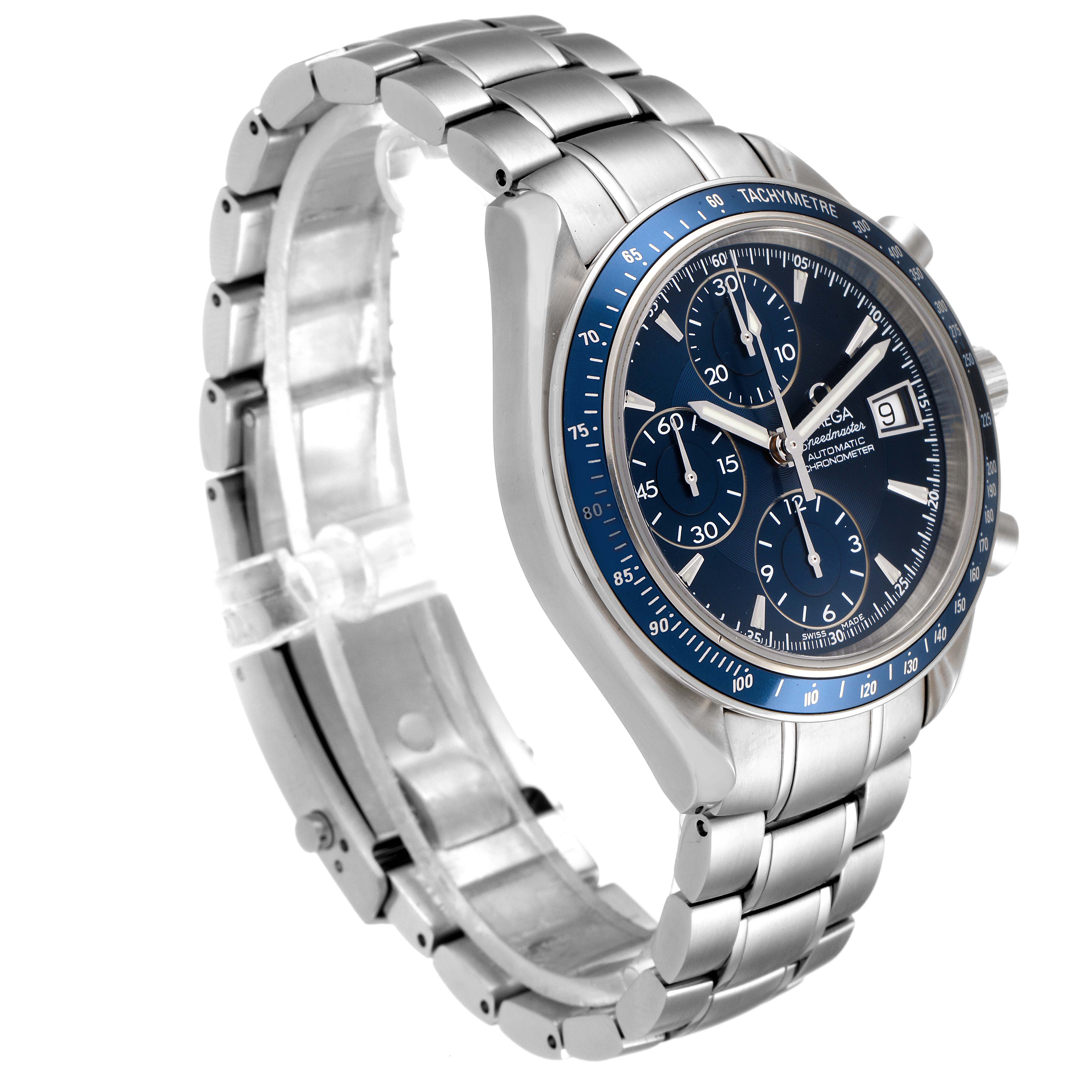 The image shows a side view of the Omega Speedmaster 3212.80.00 Men
s Stainless Steel Blue Dial 3212.80.00 Men
s Stainless Steel Blue Dial watch, highlighting its bracelet, face, and bezel with a tachymeter scale.