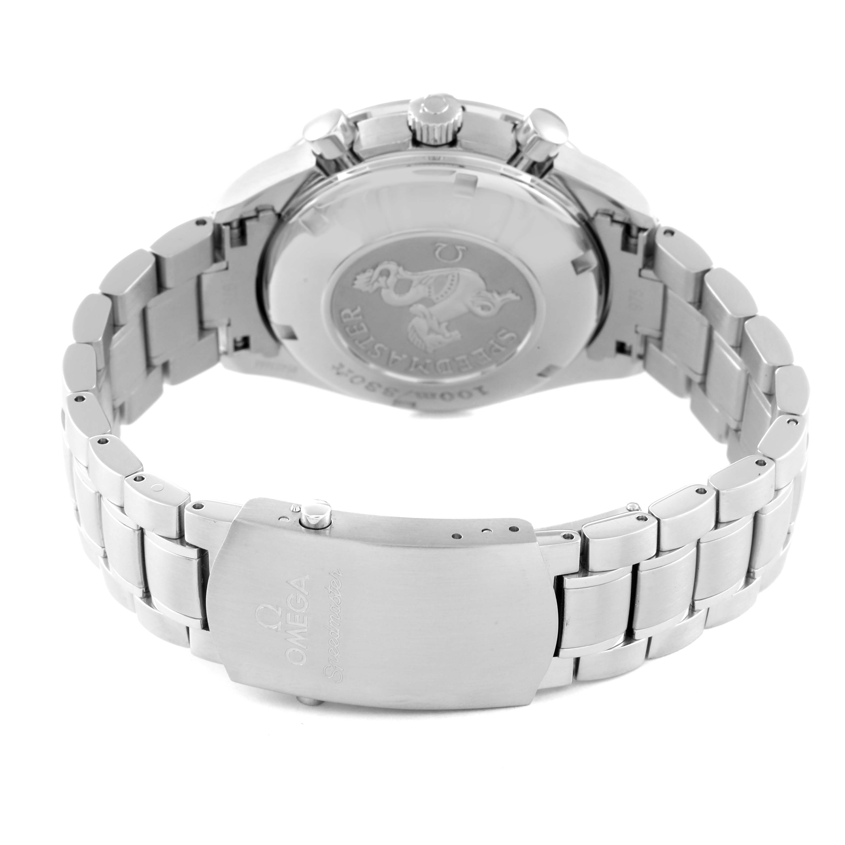 The image shows the back case and bracelet of an Omega Speedmaster 323.30.40.40.06.001 Men's Stainless Steel Grey Dial 323.30.40.40.06.001 Men's Stainless Steel Grey Dial watch, including the clasp and logos.