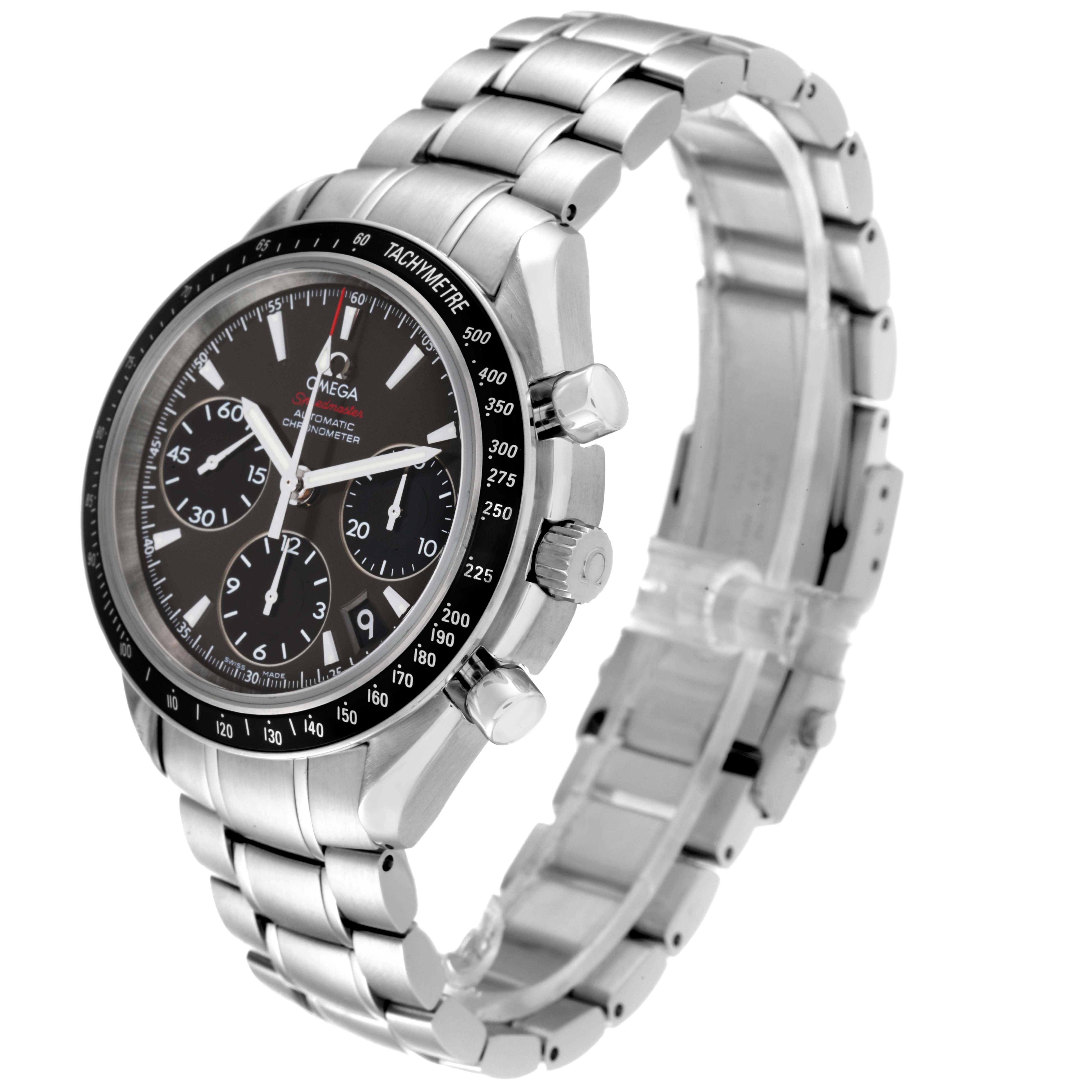 The Omega Speedmaster 323.30.40.40.06.001 Men's Stainless Steel Grey Dial 323.30.40.40.06.001 Men's Stainless Steel Grey Dial watch is shown from an angled side view, displaying its face, bezel, and metal bracelet.