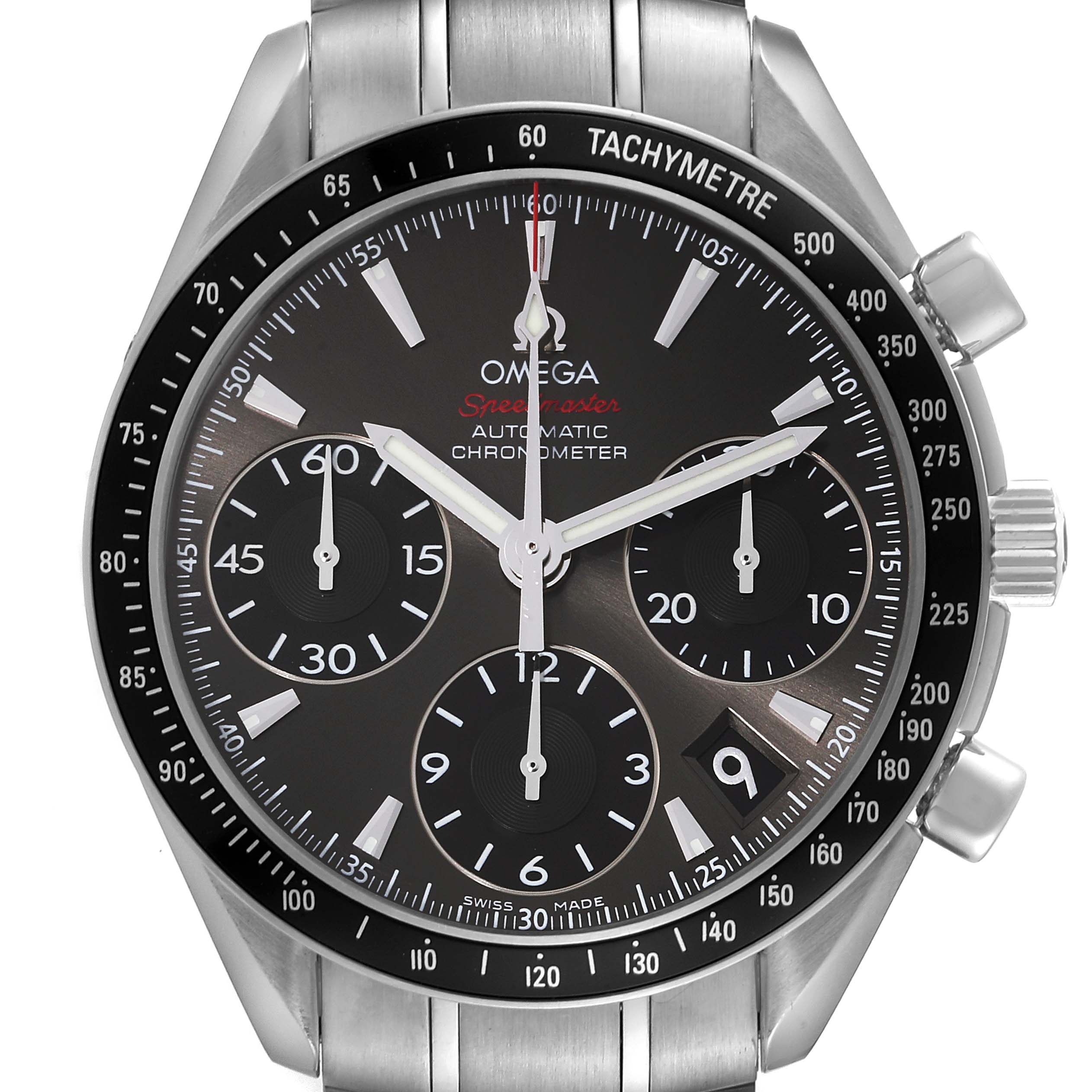 The image shows a front view of the Omega Speedmaster 323.30.40.40.06.001 Men's Stainless Steel Grey Dial 323.30.40.40.06.001 Men's Stainless Steel Grey Dial watch, highlighting the dial, tachymeter bezel, and chronograph sub-dials.