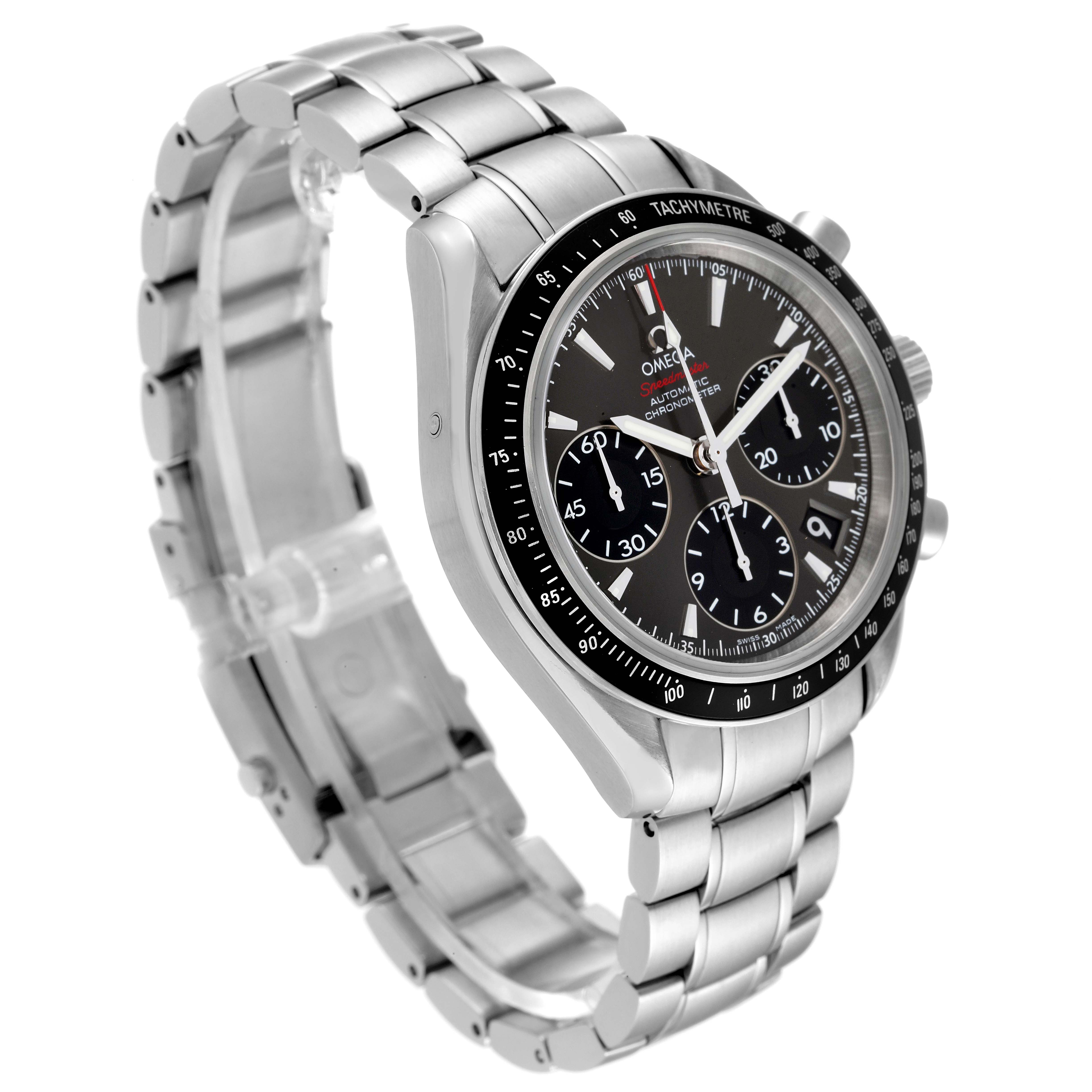 The image shows an angled view of the Omega Speedmaster 323.30.40.40.06.001 Men's Stainless Steel Grey Dial 323.30.40.40.06.001 Men's Stainless Steel Grey Dial watch, highlighting its face, bezel, and metal bracelet.