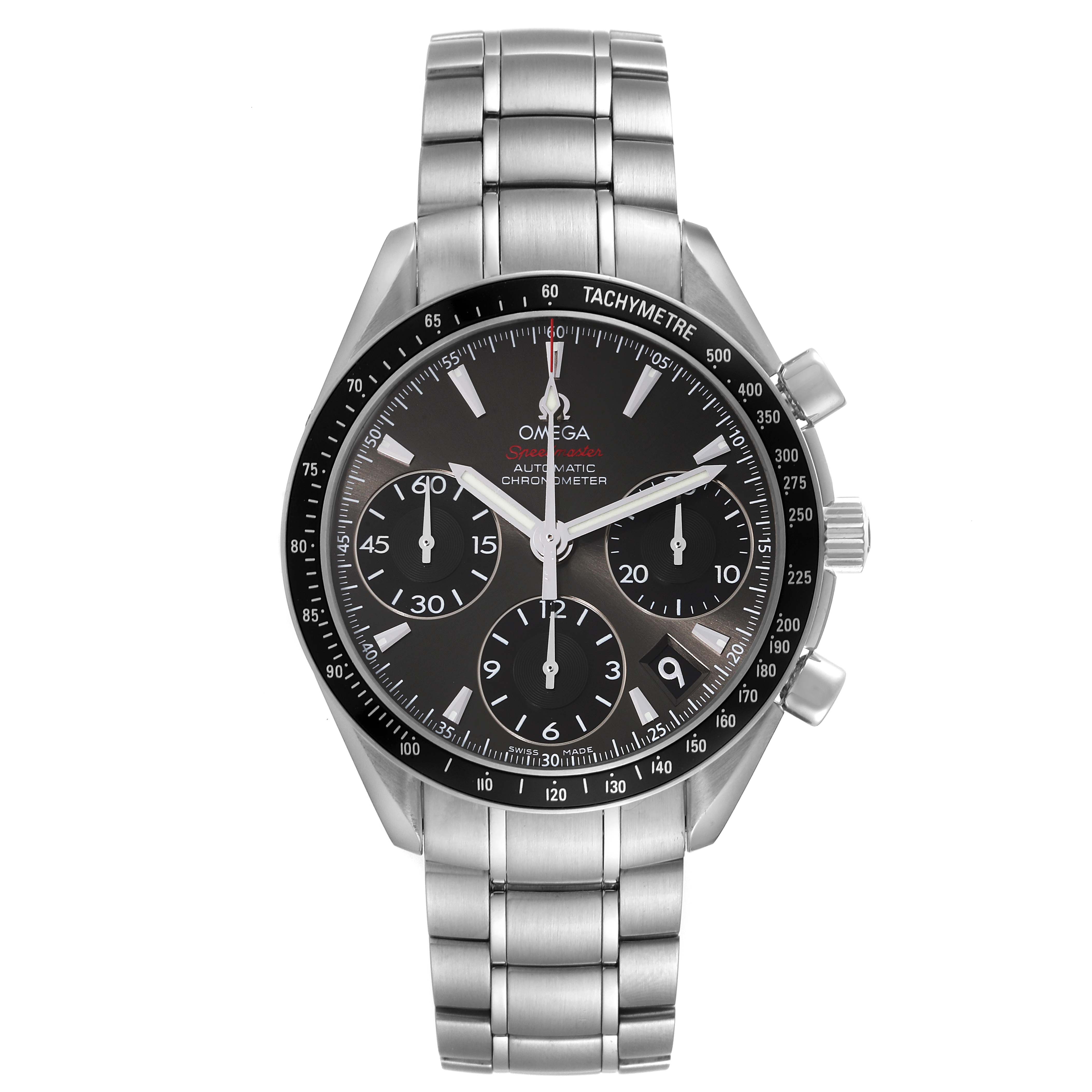 The image shows a frontal view of an Omega Speedmaster 323.30.40.40.06.001 Men's Stainless Steel Grey Dial 323.30.40.40.06.001 Men's Stainless Steel Grey Dial watch with a stainless steel bracelet.