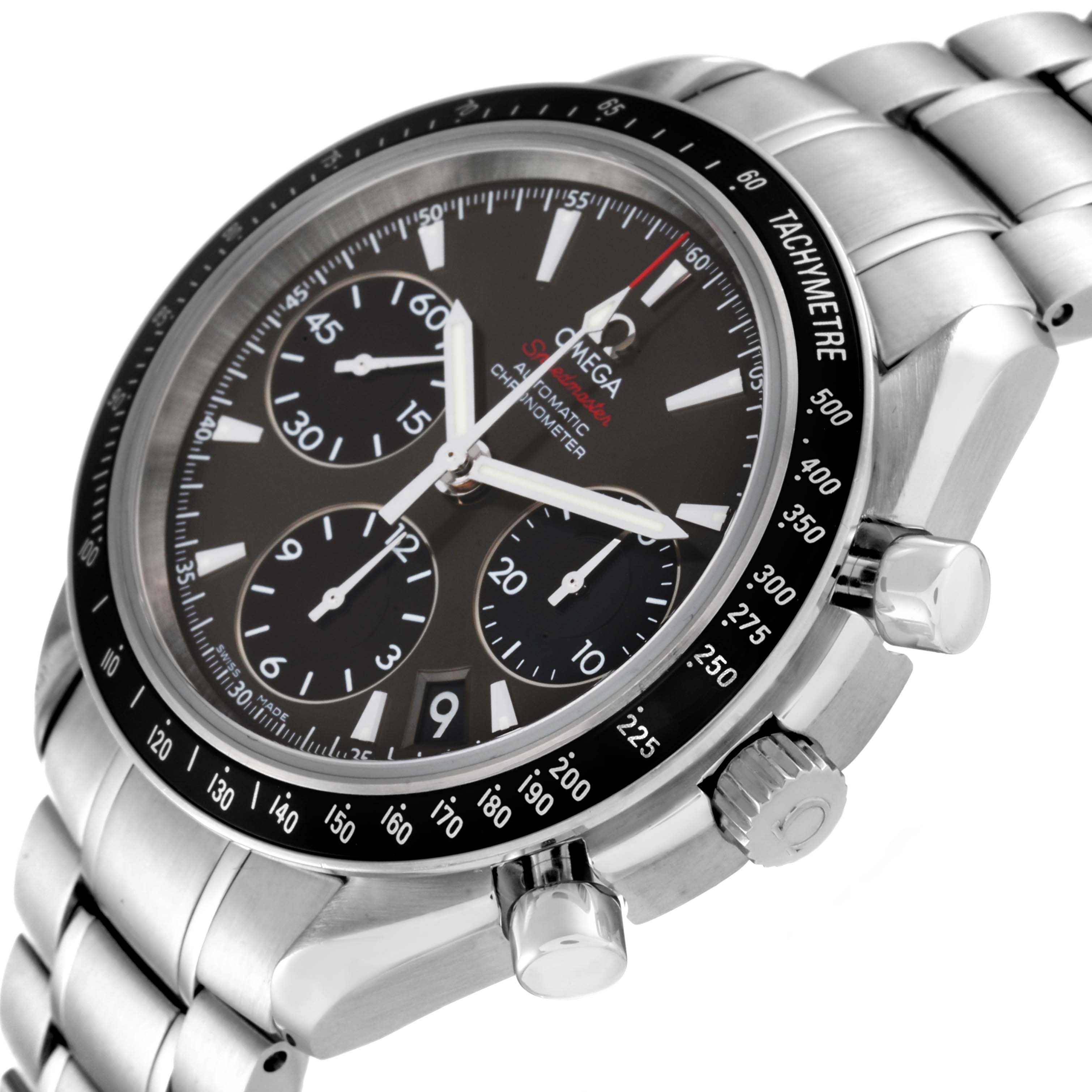 The Omega Speedmaster 323.30.40.40.06.001 Men's Stainless Steel Grey Dial 323.30.40.40.06.001 Men's Stainless Steel Grey Dial watch is shown at a three-quarter angle, highlighting its chronograph dials, bezel, and bracelet.