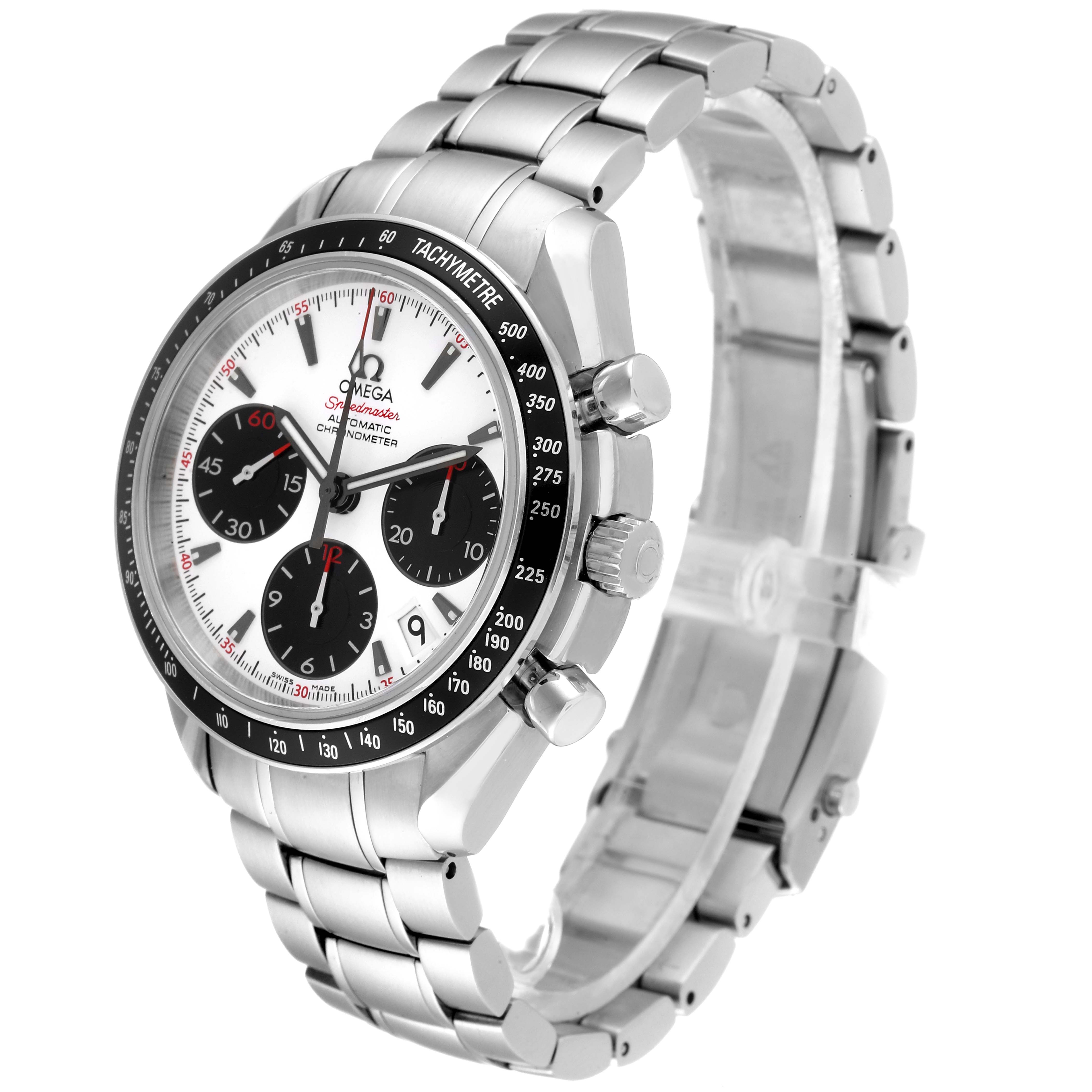 The image shows a side angle of an Omega Speedmaster 323.30.40.40.04.001 Men's Stainless Steel White Dial 323.30.40.40.04.001 Men's Stainless Steel White Dial watch, detailing the face, bezel, buttons, and stainless steel bracelet.