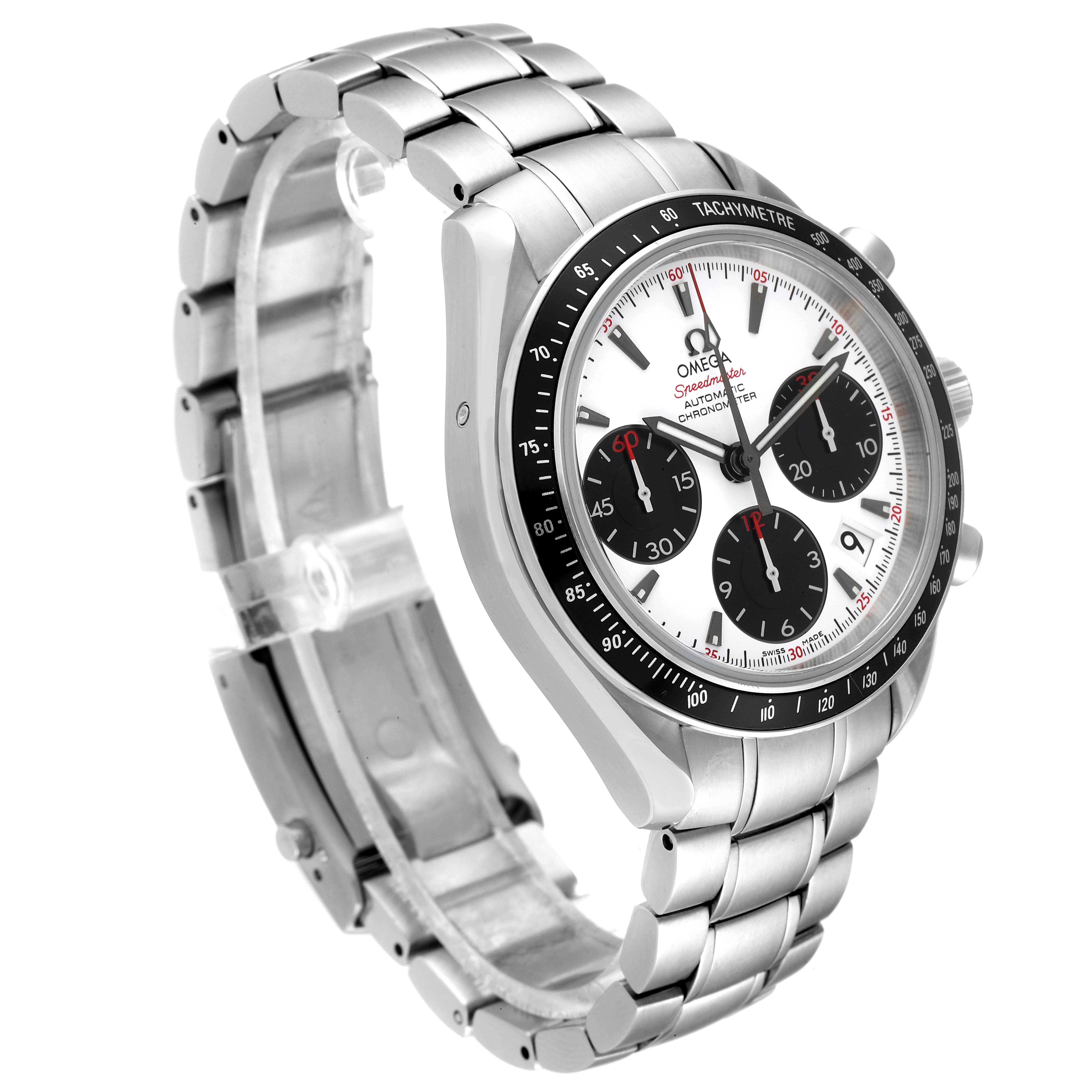 The Omega Speedmaster 323.30.40.40.04.001 Men's Stainless Steel White Dial 323.30.40.40.04.001 Men's Stainless Steel White Dial watch is shown at a three-quarter angle, highlighting the face, bezel, and metal bracelet.
