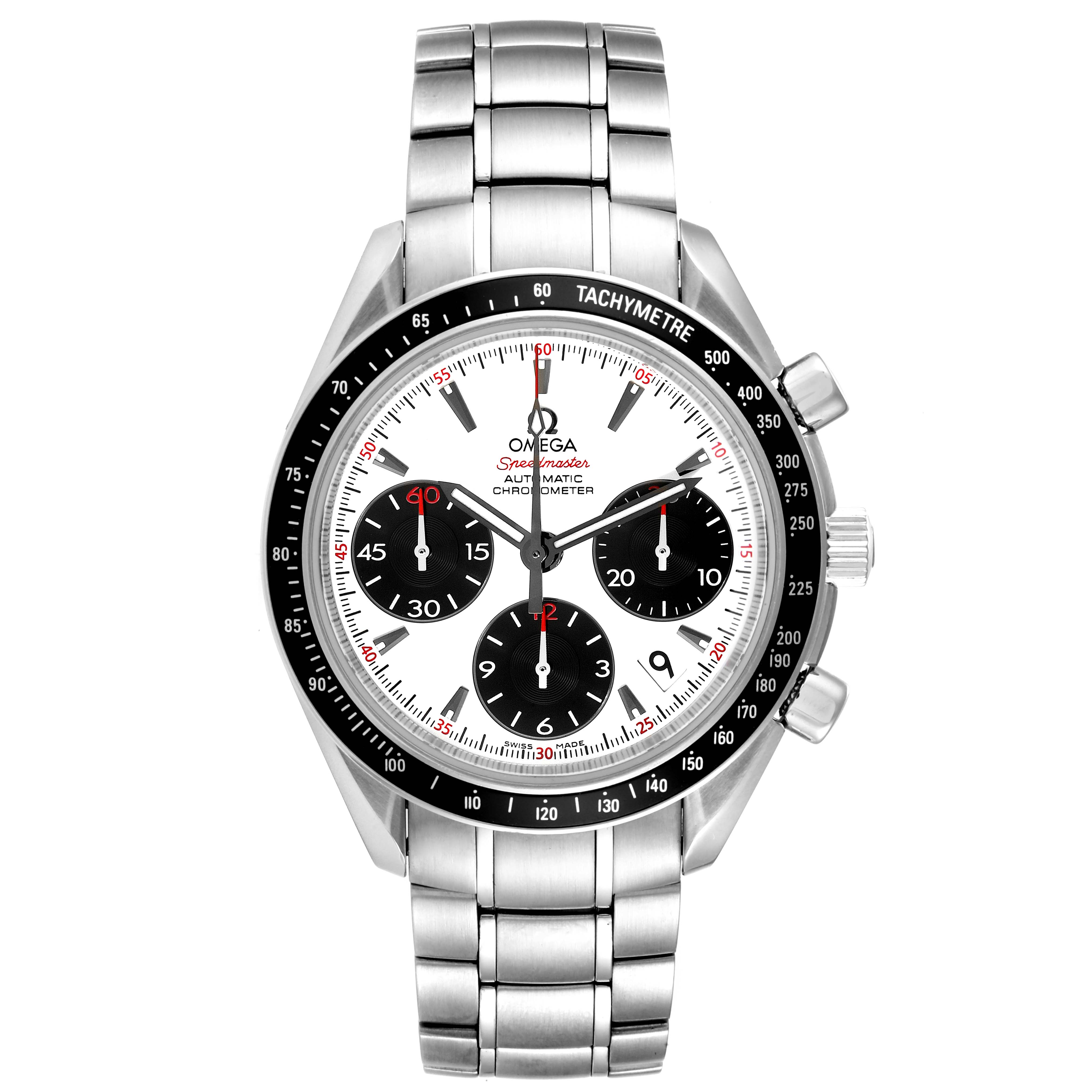 The image shows a front view of the Omega Speedmaster 323.30.40.40.04.001 Men's Stainless Steel White Dial 323.30.40.40.04.001 Men's Stainless Steel White Dial watch, featuring its dial, tachymeter bezel, and stainless steel bracelet.