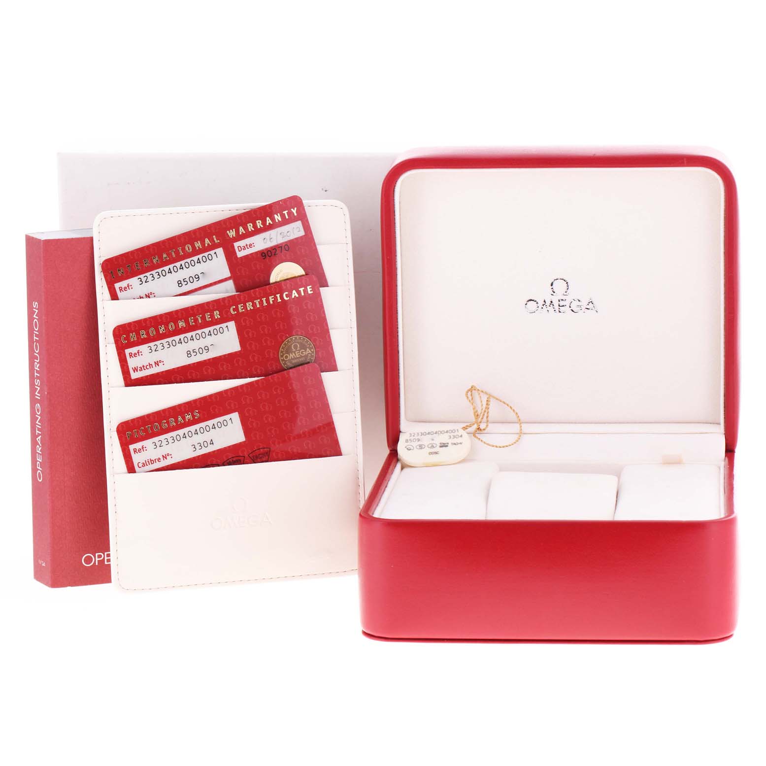 The image shows the packaging and accessories for an Omega Speedmaster 323.30.40.40.04.001 Men's Stainless Steel White Dial 323.30.40.40.04.001 Men's Stainless Steel White Dial, including the box, warranty cards, and instruction manual.