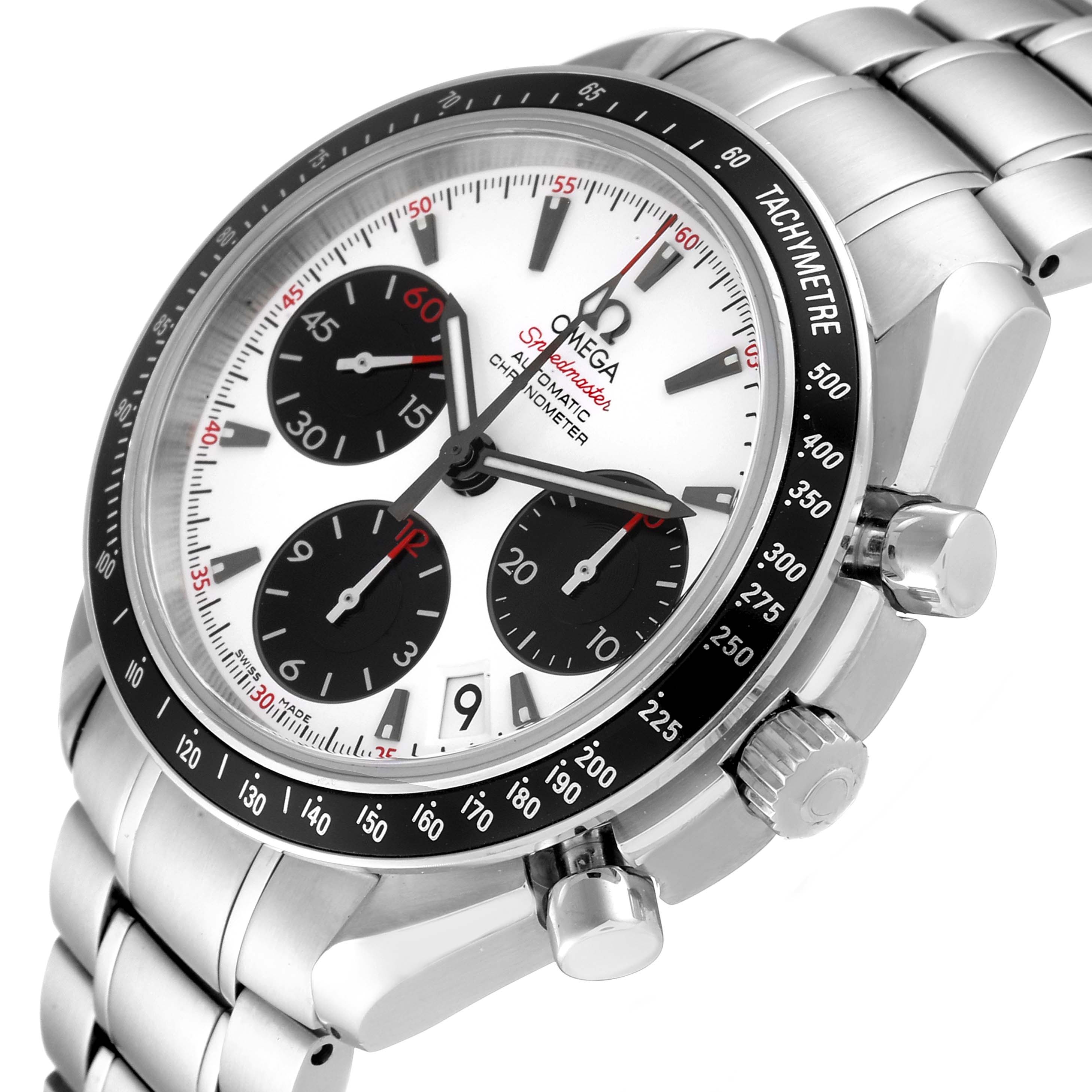 This image shows a close-up angle of the Omega Speedmaster 323.30.40.40.04.001 Men's Stainless Steel White Dial 323.30.40.40.04.001 Men's Stainless Steel White Dial watch, highlighting its dial, bezel, and metal bracelet.