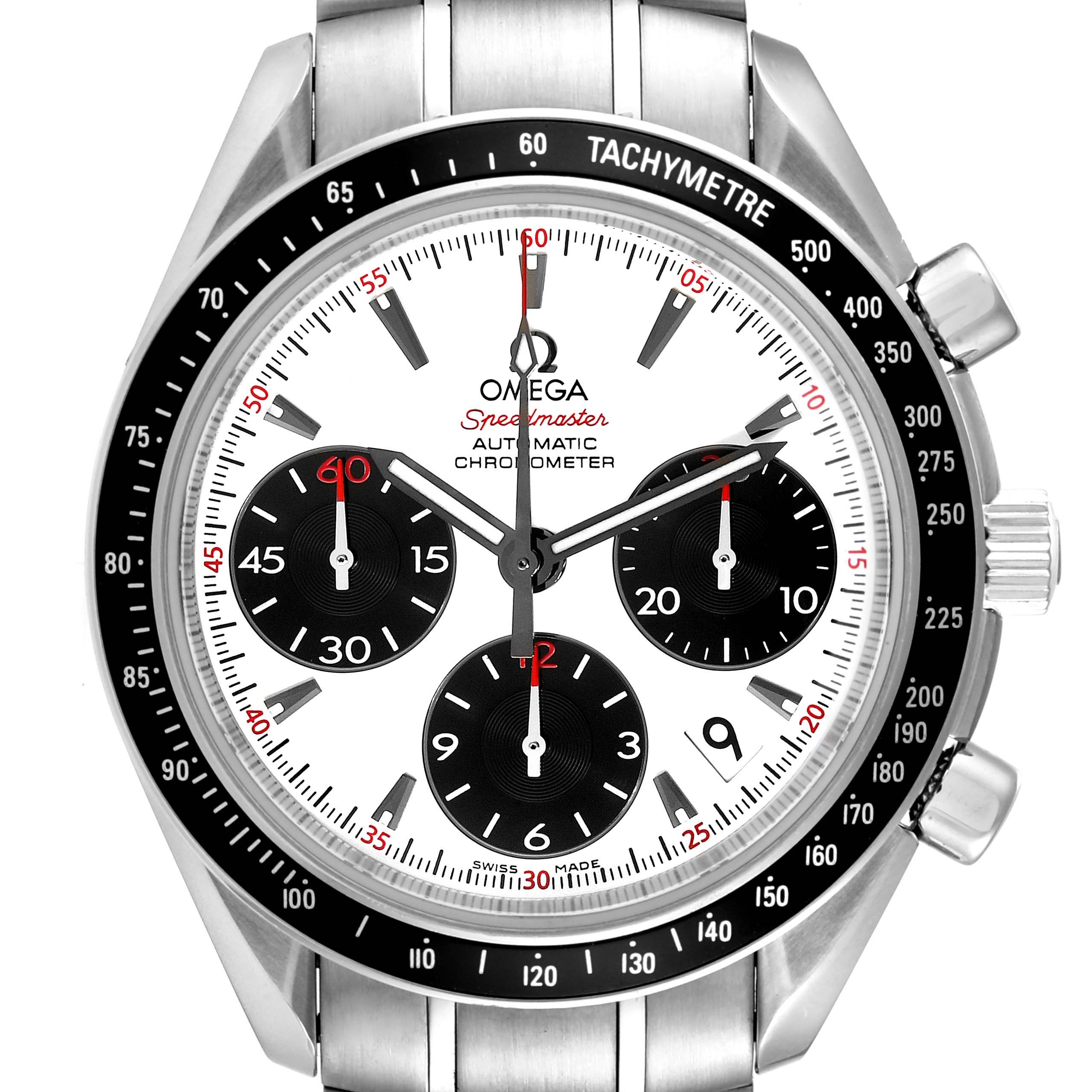 This image shows a front view of the Omega Speedmaster 323.30.40.40.04.001 Men's Stainless Steel White Dial 323.30.40.40.04.001 Men's Stainless Steel White Dial wristwatch, highlighting its dial, bezel, and chronograph functions.