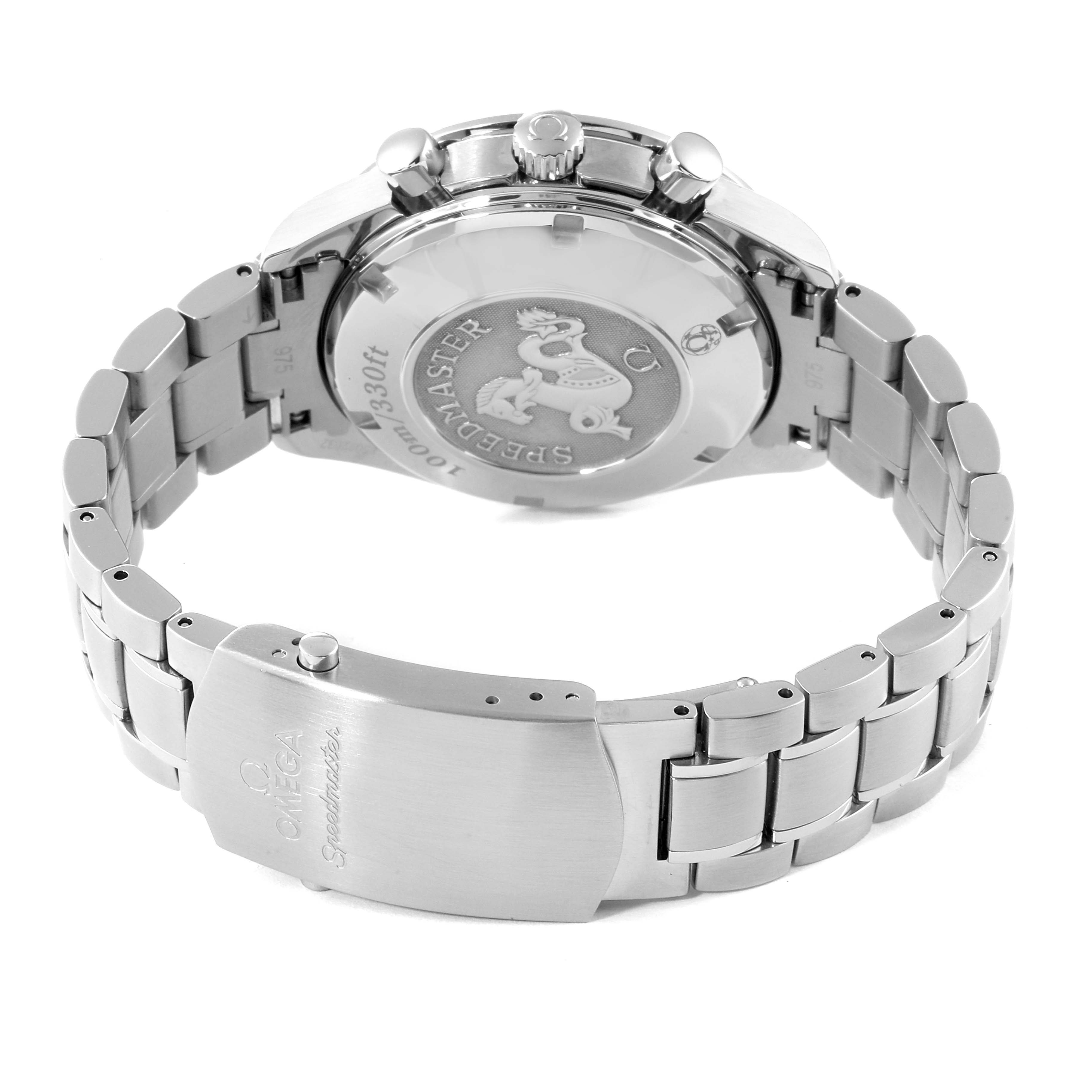 The image shows the back of an Omega Speedmaster 323.30.40.40.04.001 Men's Stainless Steel White Dial 323.30.40.40.04.001 Men's Stainless Steel White Dial watch, highlighting the case back and stainless steel bracelet clasp.