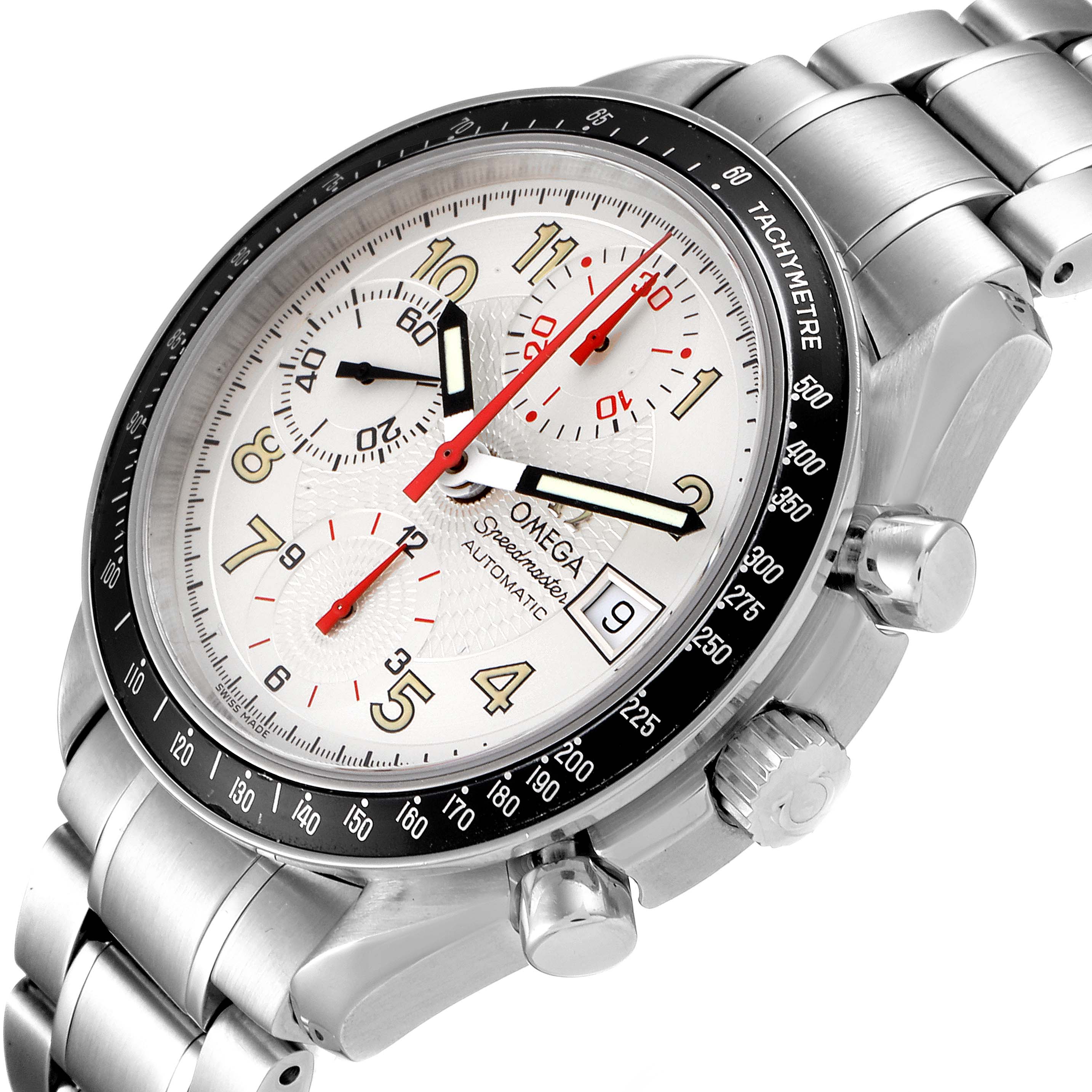 The image shows the Omega Speedmaster 3513.33.00 Men
s Stainless Steel White Dial 3513.33.00 Men
s Stainless Steel White Dial model watch at an angled perspective, highlighting the dial, bezel, crown, and bracelet.