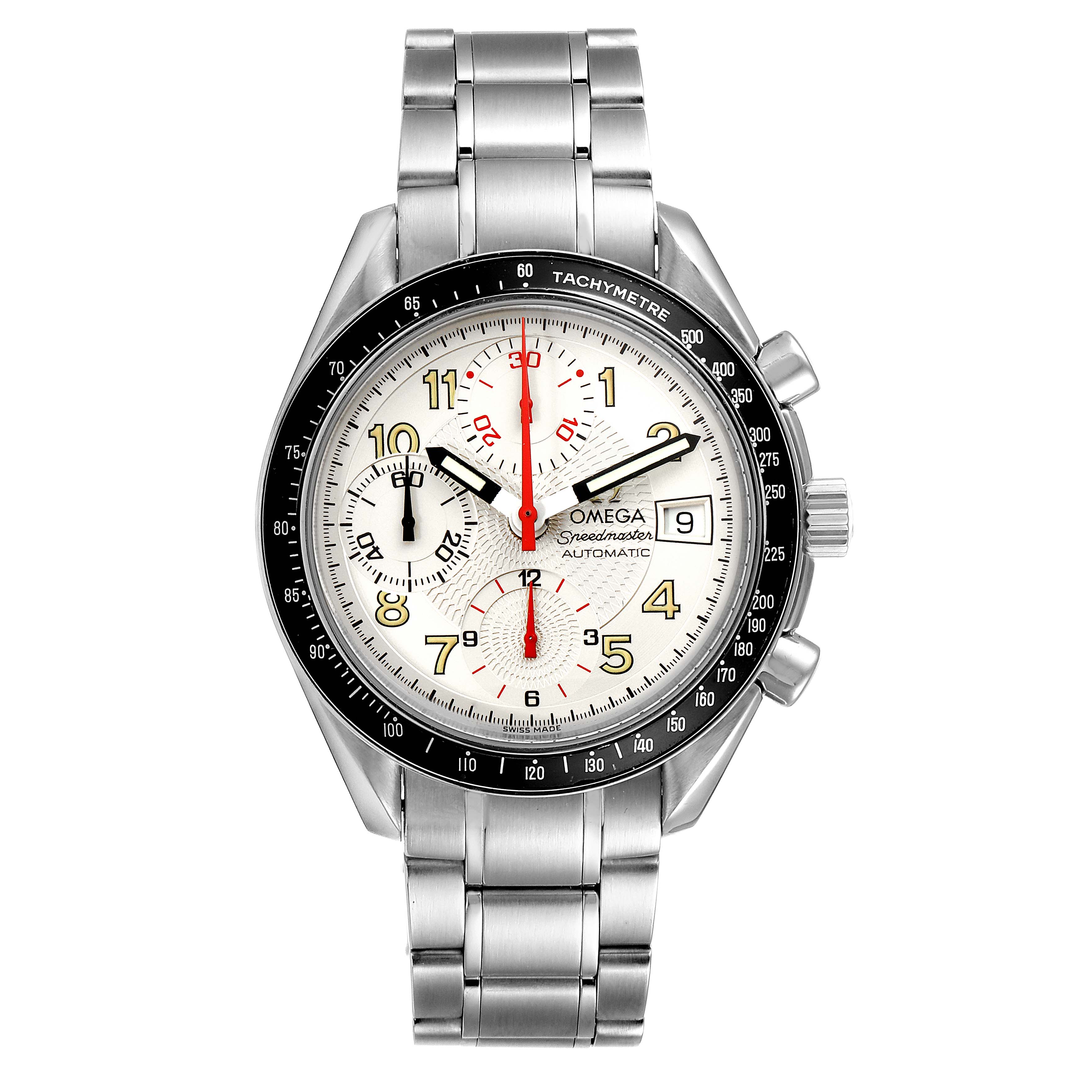 The Omega Speedmaster 3513.33.00 Men
s Stainless Steel White Dial 3513.33.00 Men
s Stainless Steel White Dial watch is shown from a front angle displaying its dial, bezel, chronograph subdials, date window, and bracelet.