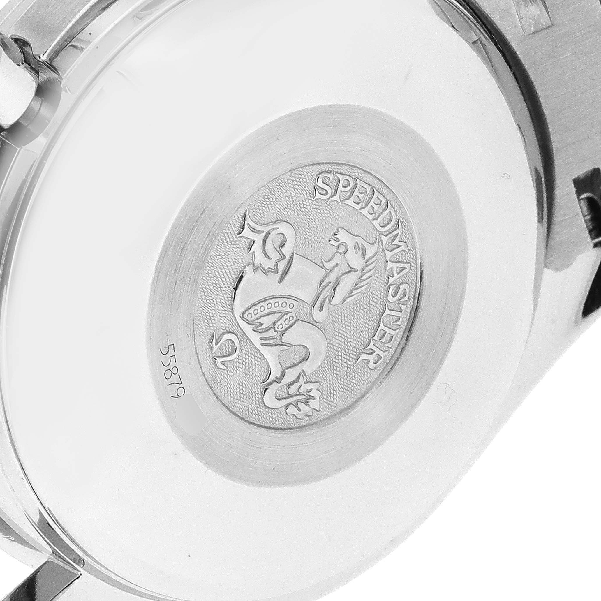 This image shows the back case of an Omega Speedmaster 3513.33.00 Men
s Stainless Steel White Dial 3513.33.00 Men
s Stainless Steel White Dial watch, highlighting the engraved logo and serial number.